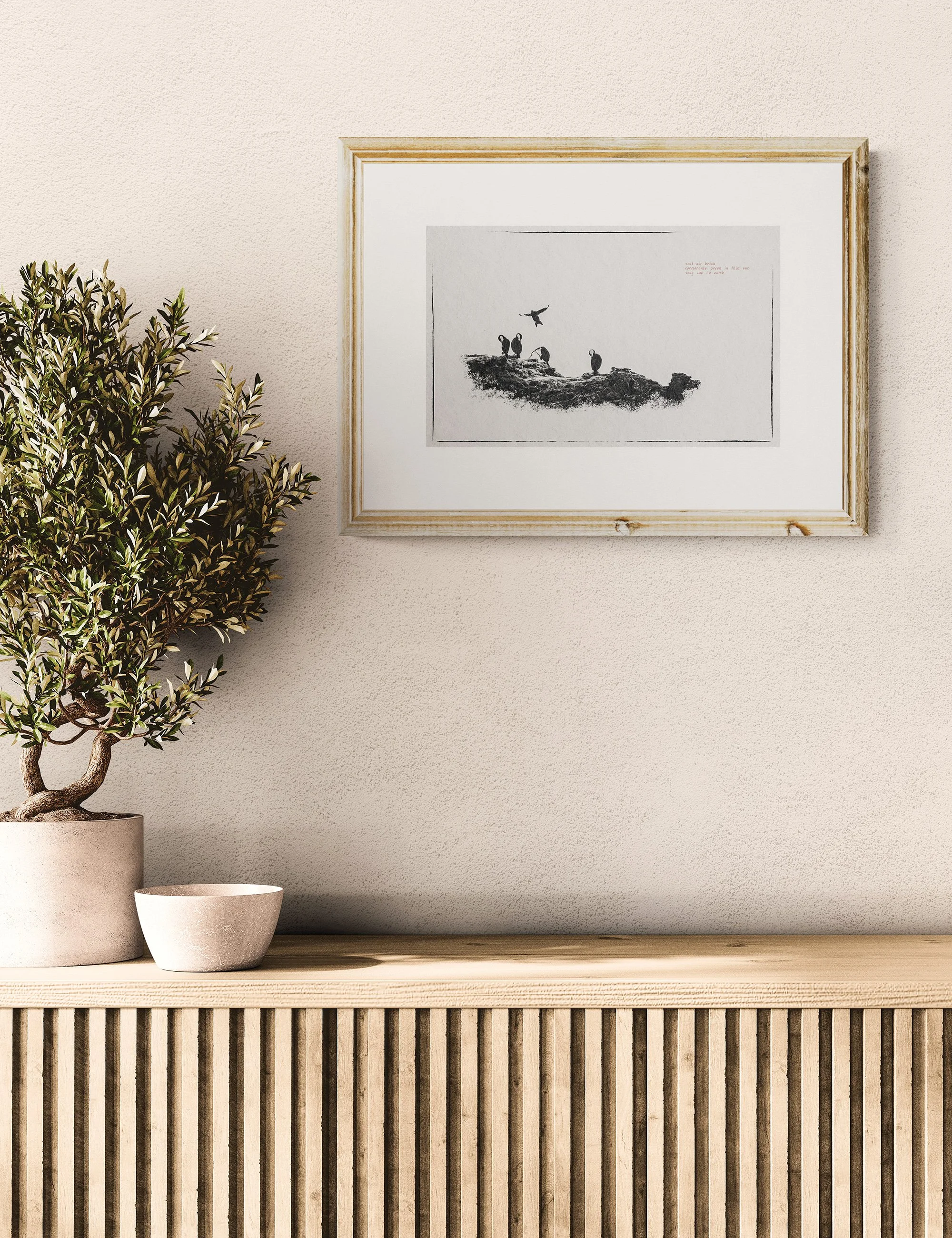 “SANCTUARY” haiga print by Ian J. Muirhead Arts, featuring resting birds in monochrome tones with embedded haiku and contemplative minimalist photography.