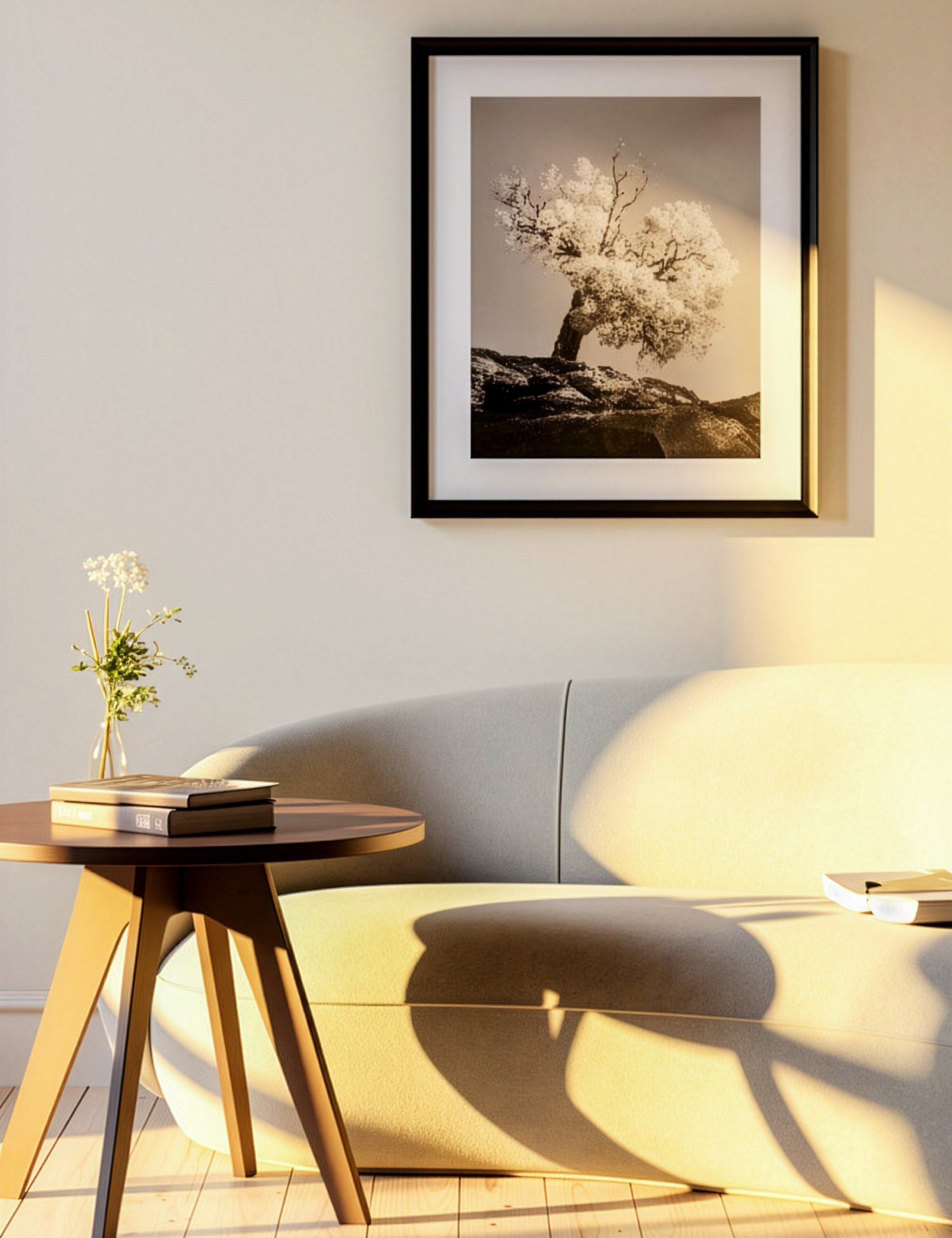 “Innumerable Dawns” from the Twisted Timbers series by Ian J. Muirhead Arts, shown in a minimalist interior with a black frame, featuring an infrared tree landscape in warm evening light.