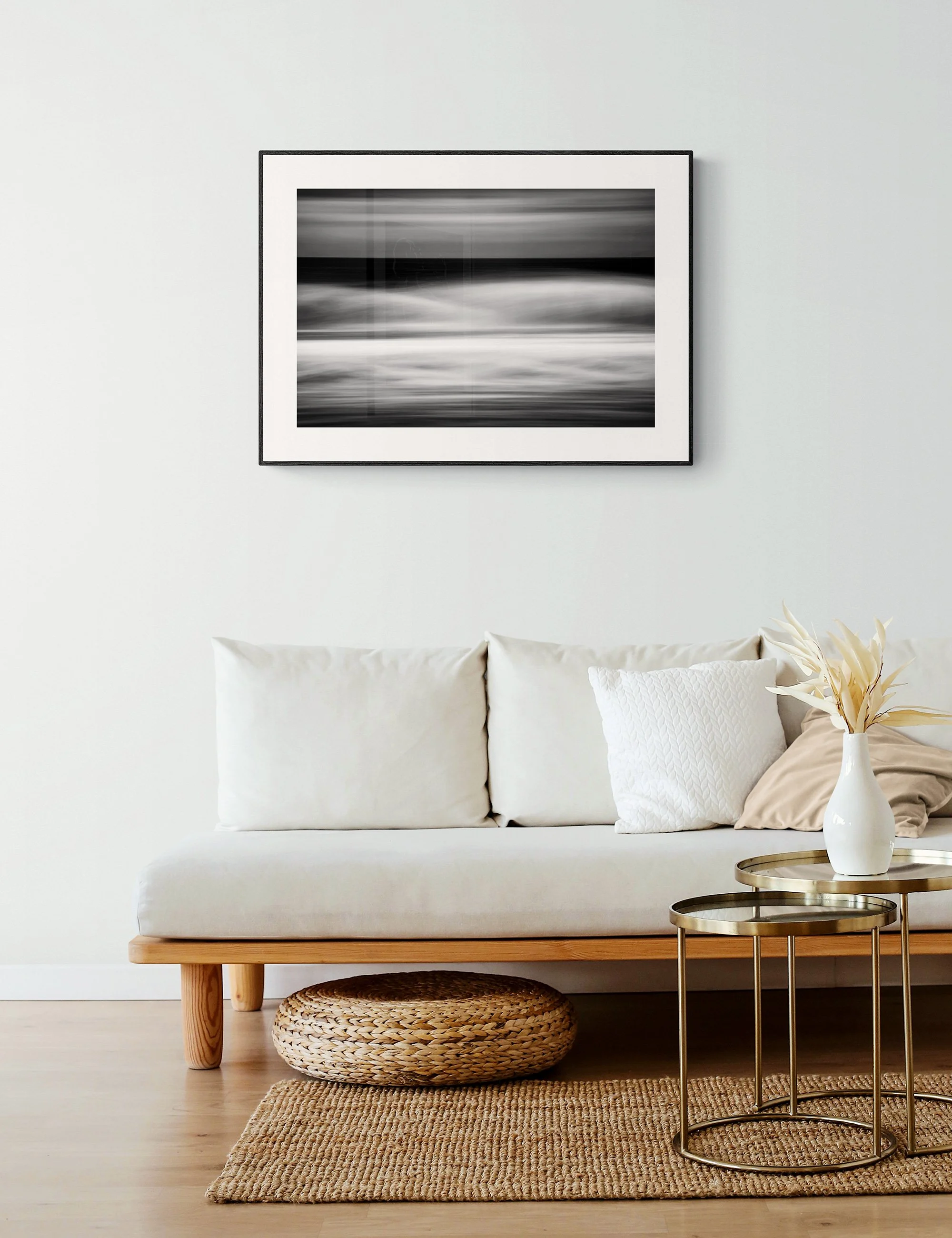 "Gossamer Flow" from the Secluded Shorelines series by Ian J. Muirhead Arts, displayed as a framed minimalist seascape print in a natural contemporary interior.
