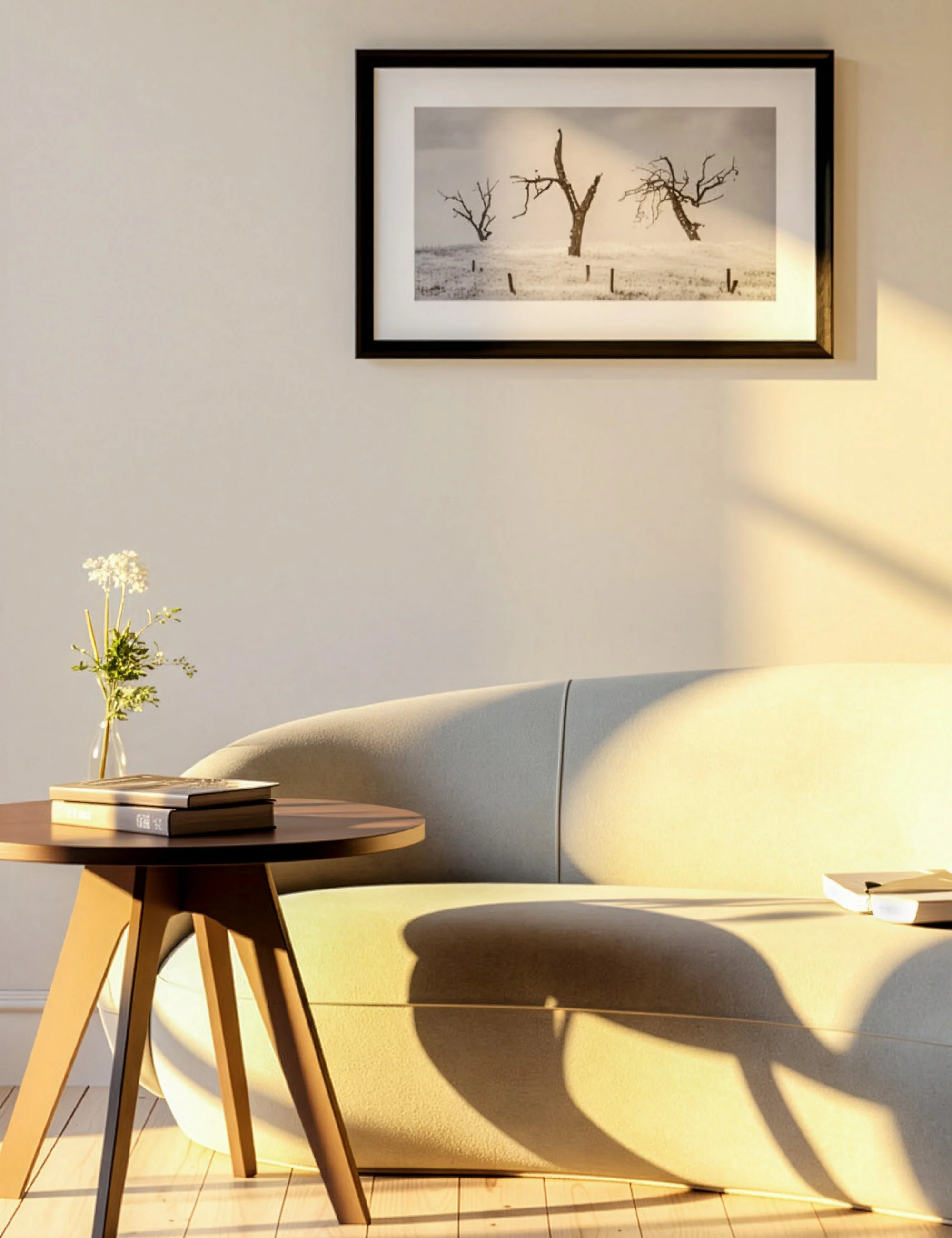 “The Three Elders” from the Twisted Timbers series by Ian J. Muirhead Arts, shown in a minimalist interior with a black frame, featuring an infrared black and white landscape.
