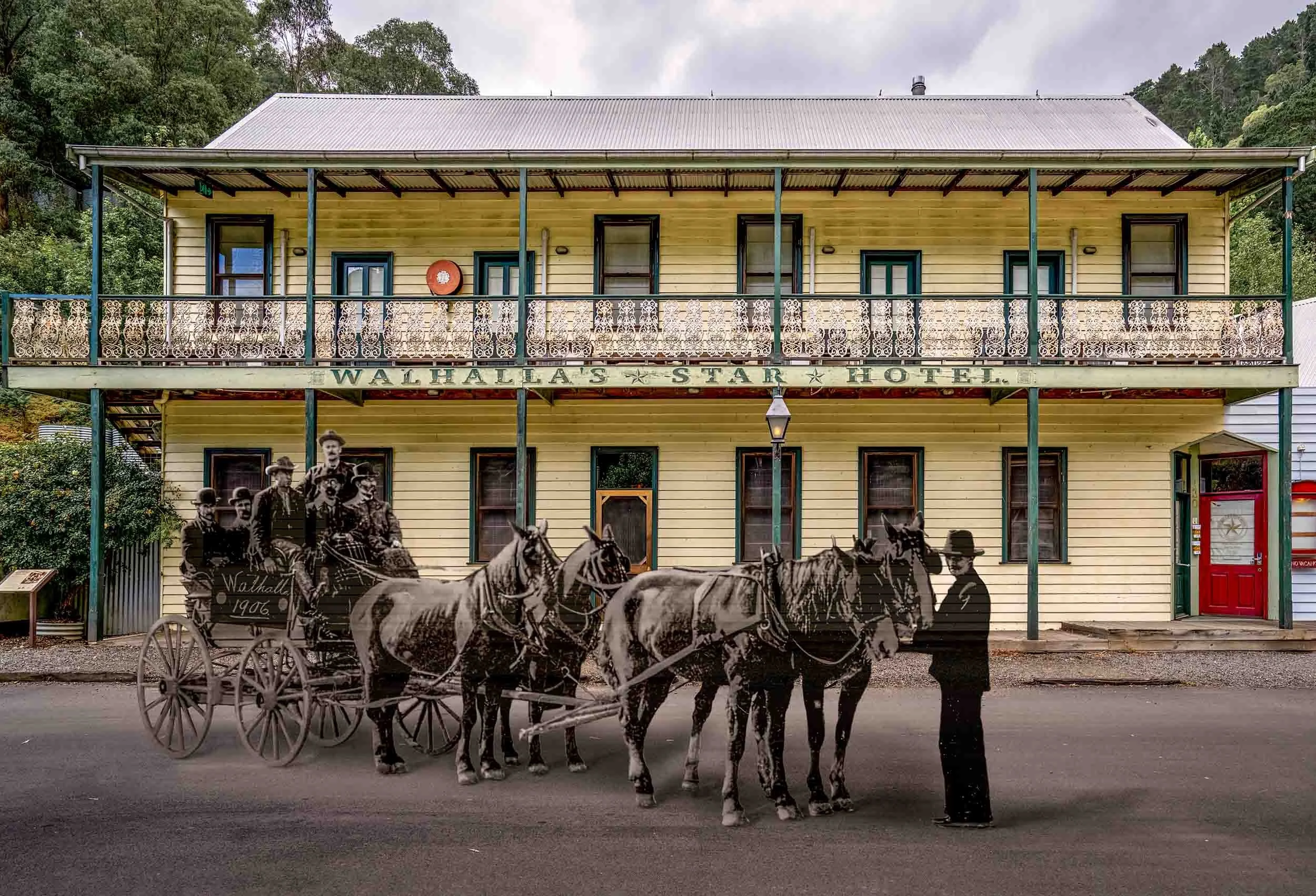 Walhalla's Star Hotel with an early history stage coach superimposed in front