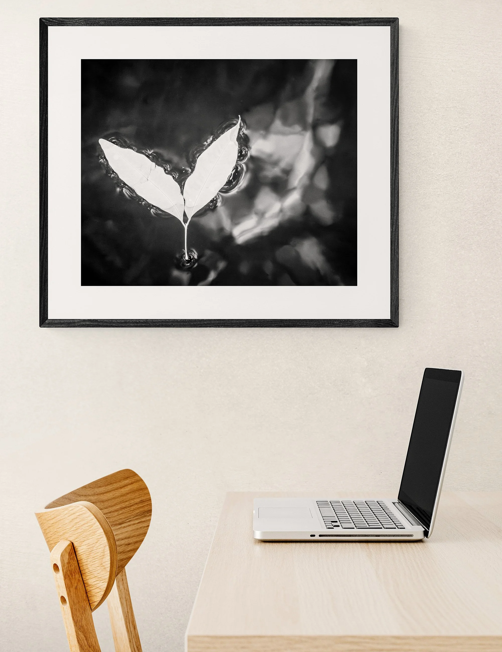 “Companionship” from the Drifting Destinies collection by Ian J. Muirhead Arts, displayed in a contemporary home office with a timber desk, chair and black frame.