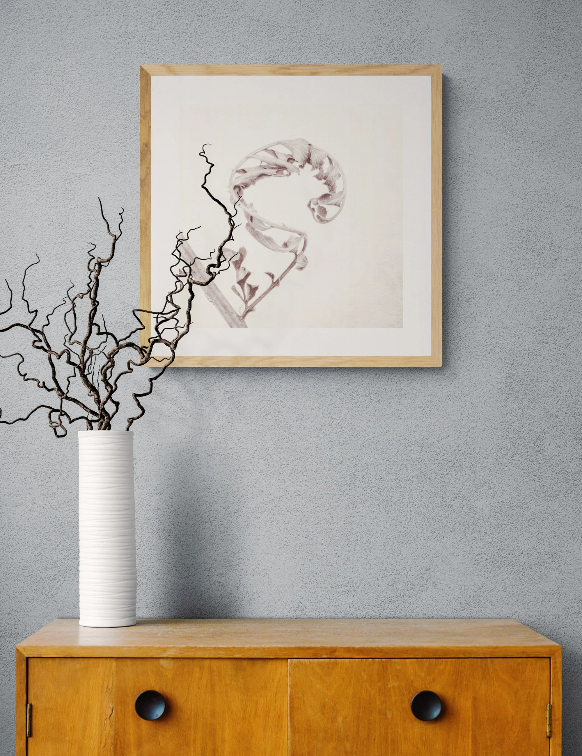 “Curled for Sleep” from the Fronded Forms fern series by Ian J. Muirhead Arts, displayed in a minimalist interior with a light timber frame and sculptural branches.