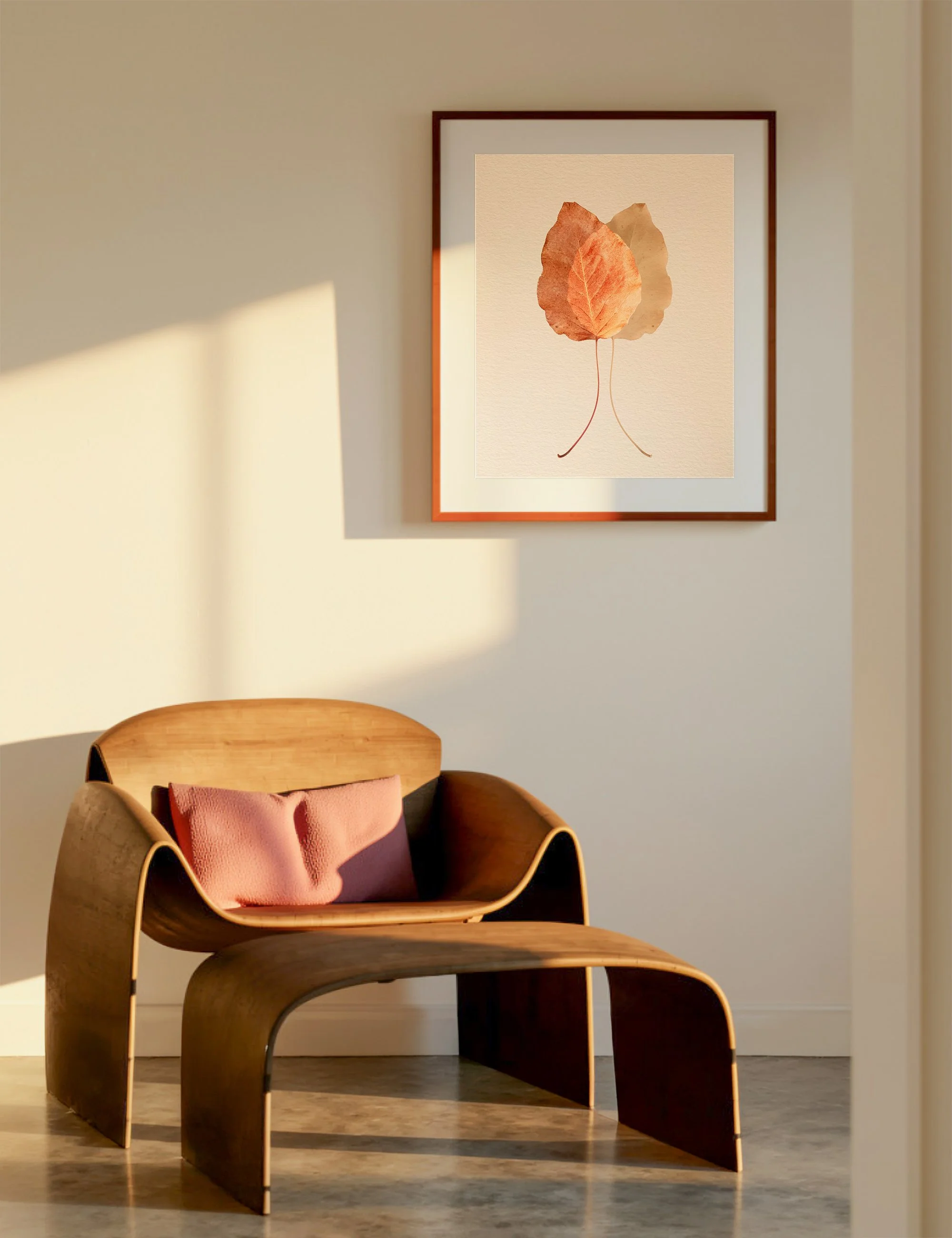 “Candid” from the Silent Selves series displayed in a warm minimalist Japandi-inspired interior, featuring layered botanical forms in muted earthy tones above a sculptural timber lounge chair.