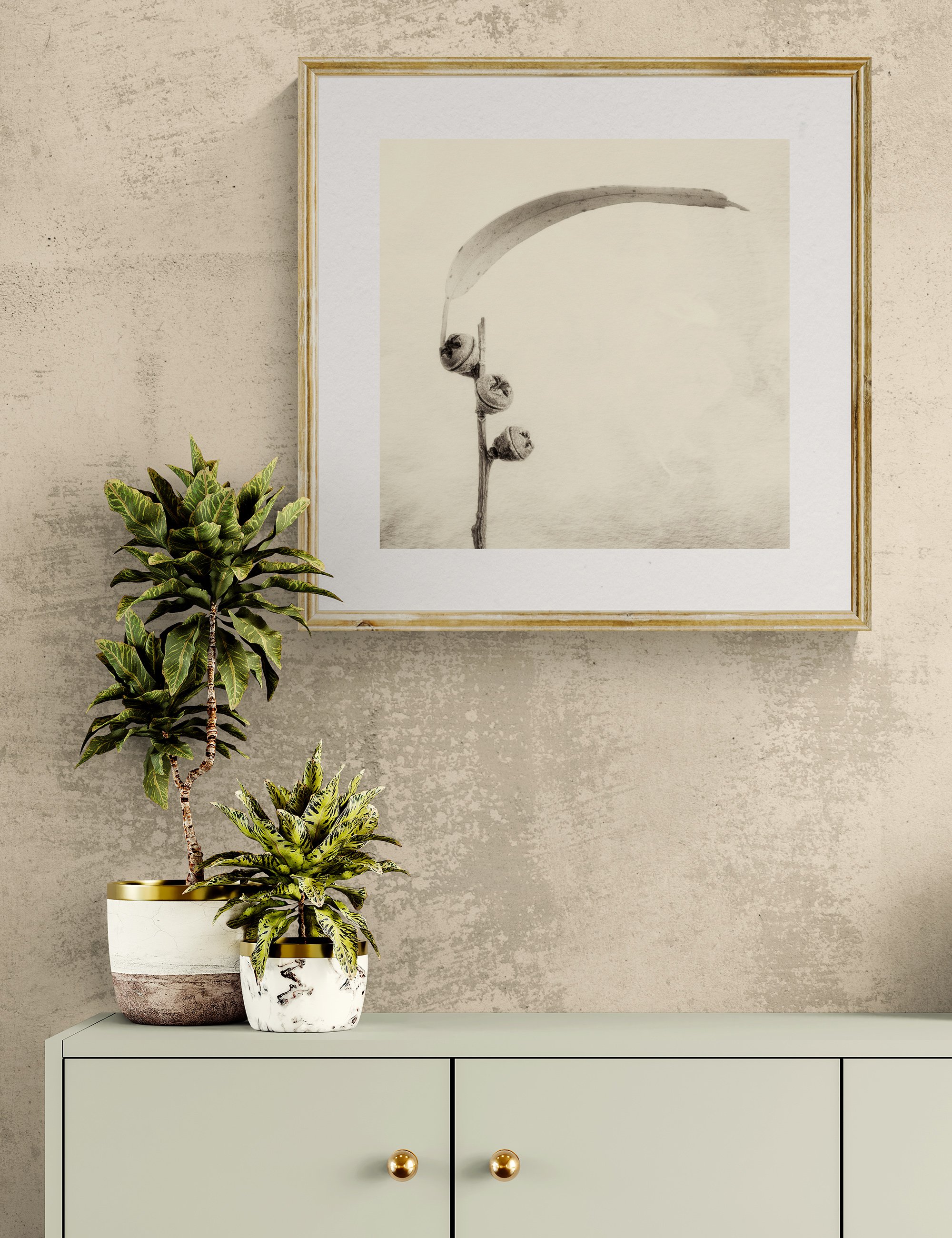 "Arc of Time" from the Gumnut Gestures series by Ian J. Muirhead Arts, displayed in a contemporary interior above a minimalist cabinet with botanical styling and a light timber frame.