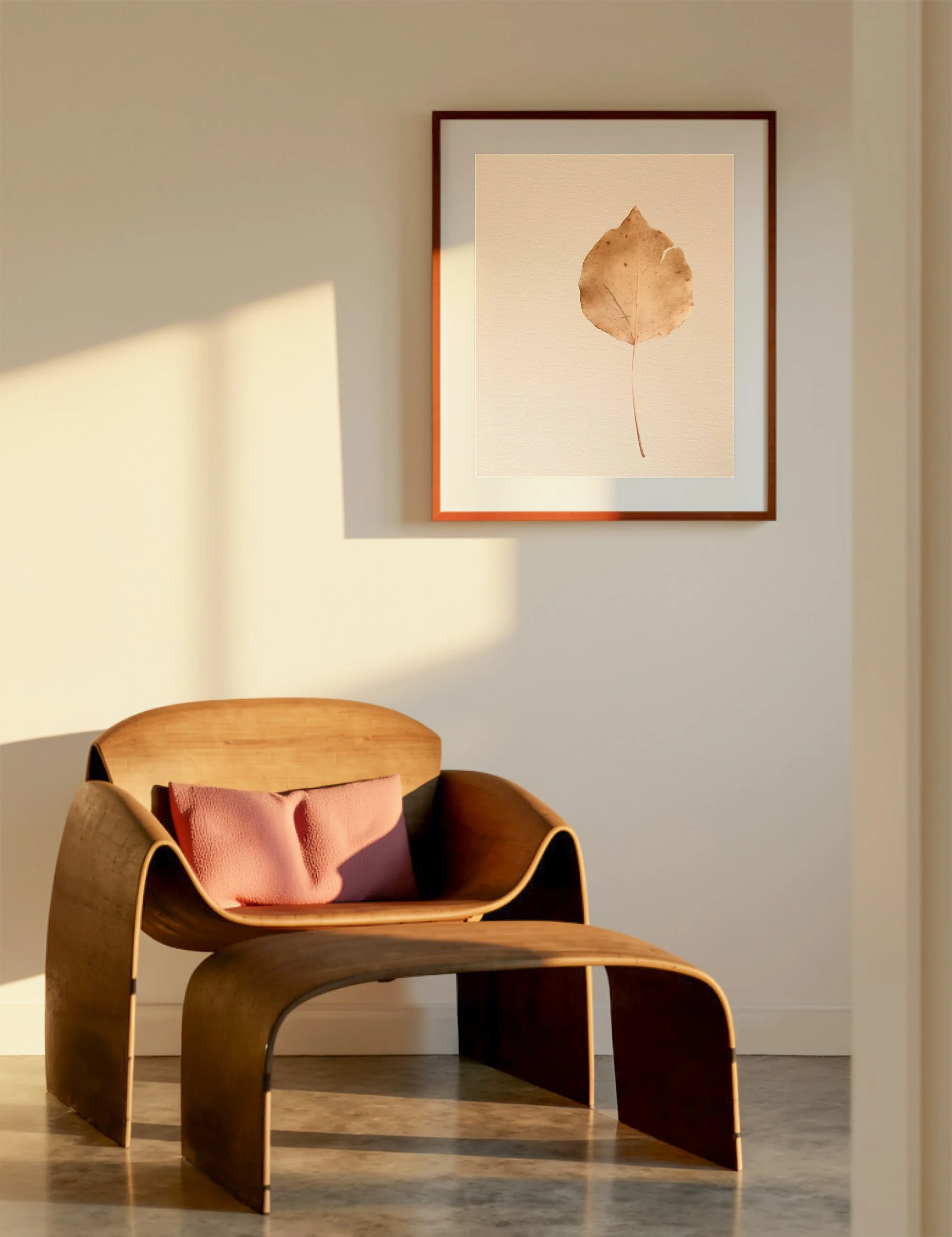 “Essence” from the Silent Selves series displayed in a warm minimalist Japandi-inspired interior, featuring layered botanical forms in muted earthy tones above a sculptural timber lounge chair.