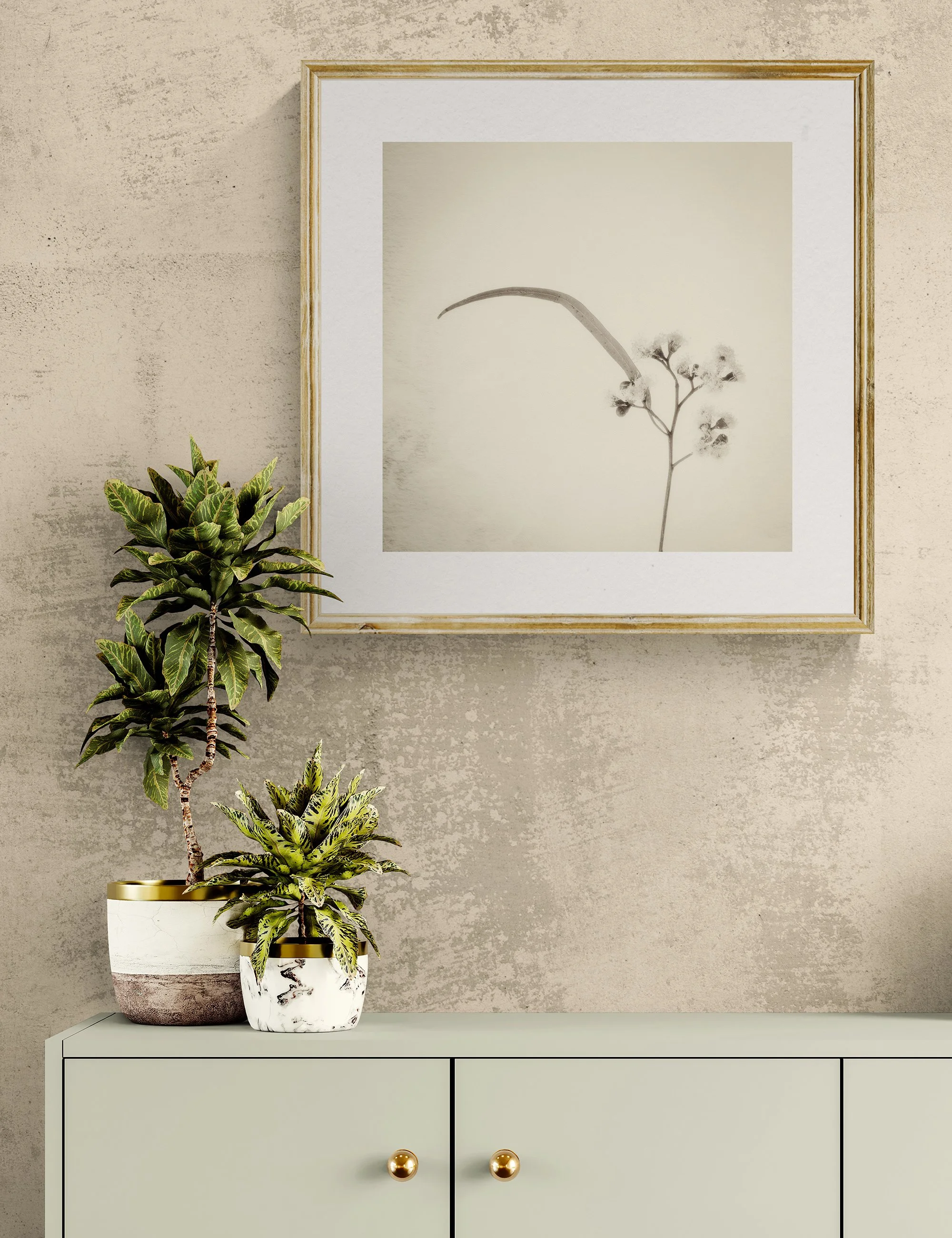 ”Silent Reach" from the Gumnut Gestures series by Ian J. Muirhead Arts, displayed in a contemporary interior above a minimalist cabinet with botanical styling and a light timber frame.