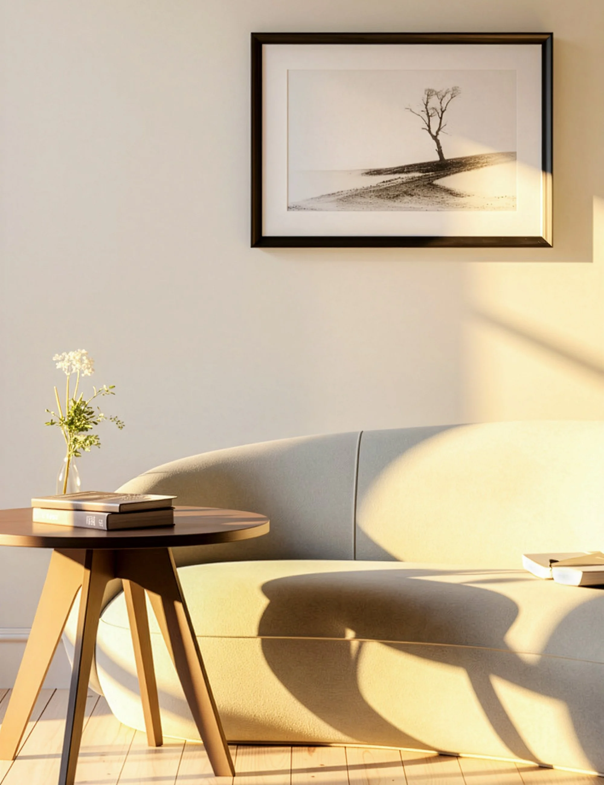 “A Harsh Land” from the Twisted Timbers series by Ian J. Muirhead Arts, shown in a minimalist interior with a black frame, featuring an infrared-toned black and white tree landscape.