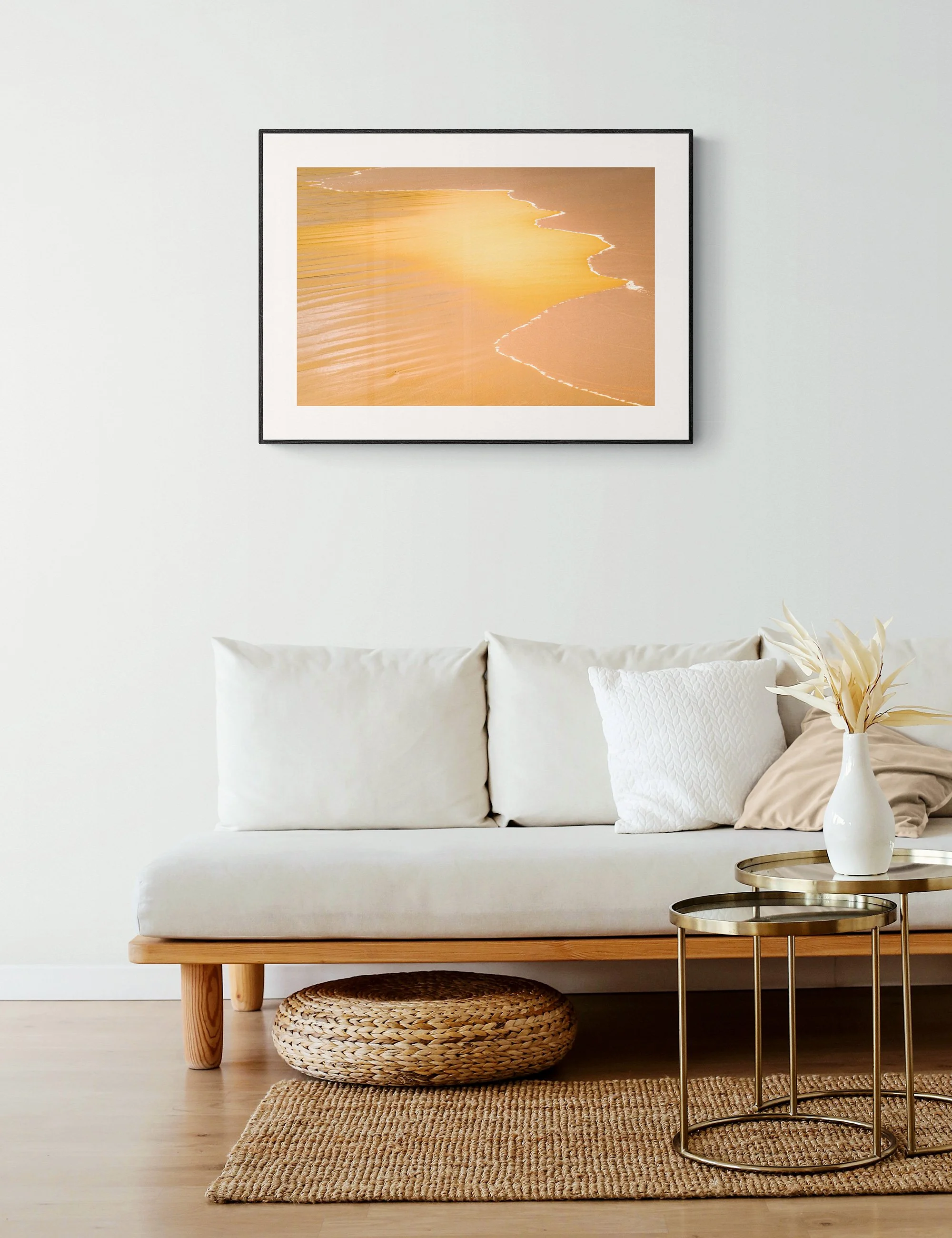 "Ethereal Wave" from the Secluded Shorelines series by Ian J. Muirhead Arts, displayed as a framed minimalist seascape print in a natural contemporary interior.