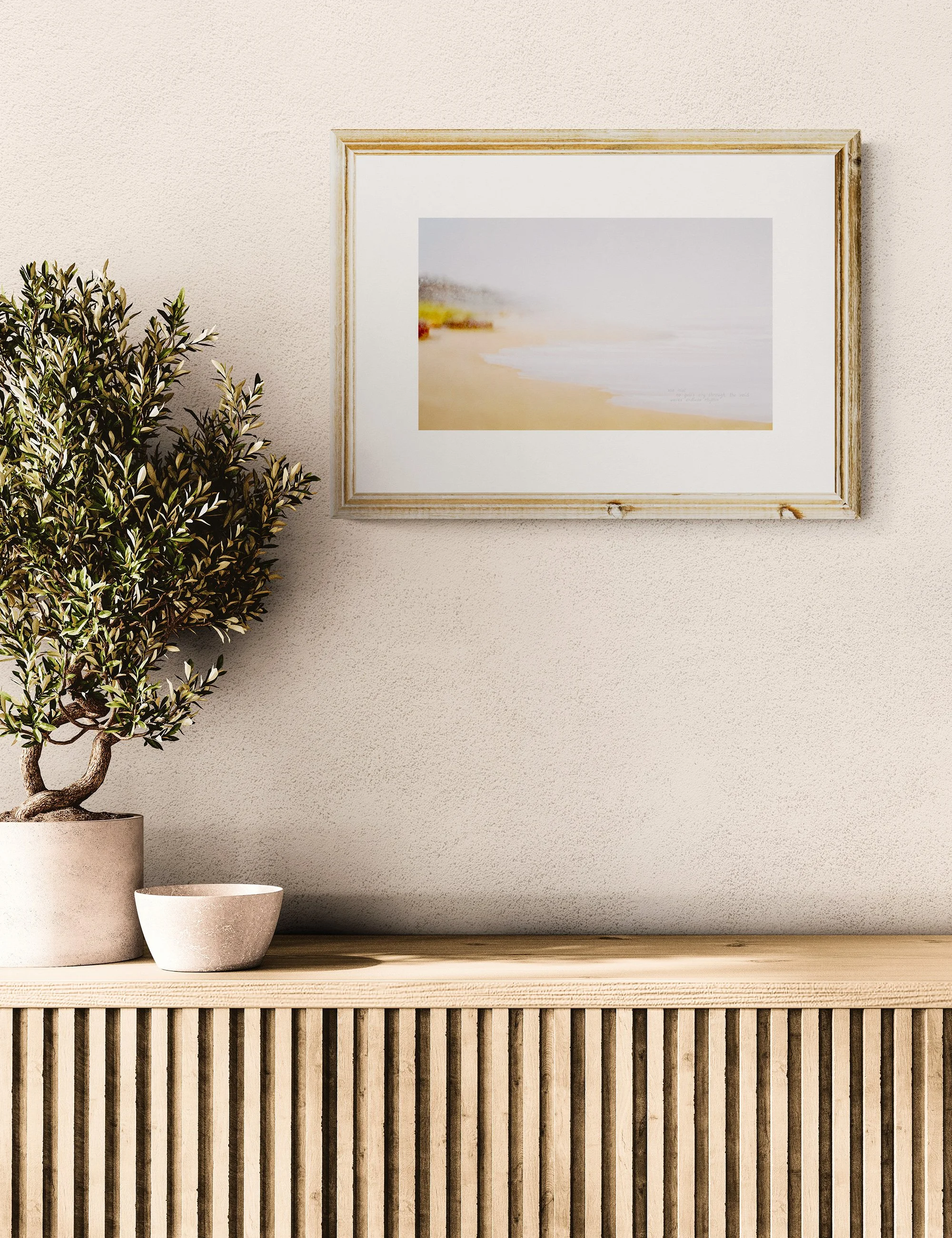 “SEA MIST” panoramic haiga print by Ian J. Muirhead Arts, featuring a soft minimalist shoreline with embedded haiku and atmospheric coastal tones.