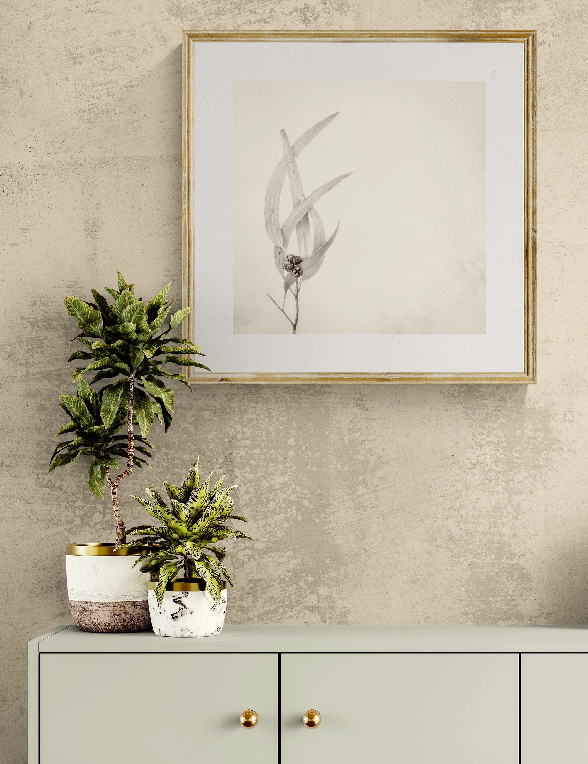 "Entwined" from the Gumnut Gestures series by Ian J. Muirhead Arts, displayed in a contemporary interior above a minimalist cabinet with botanical styling and a light timber frame.
