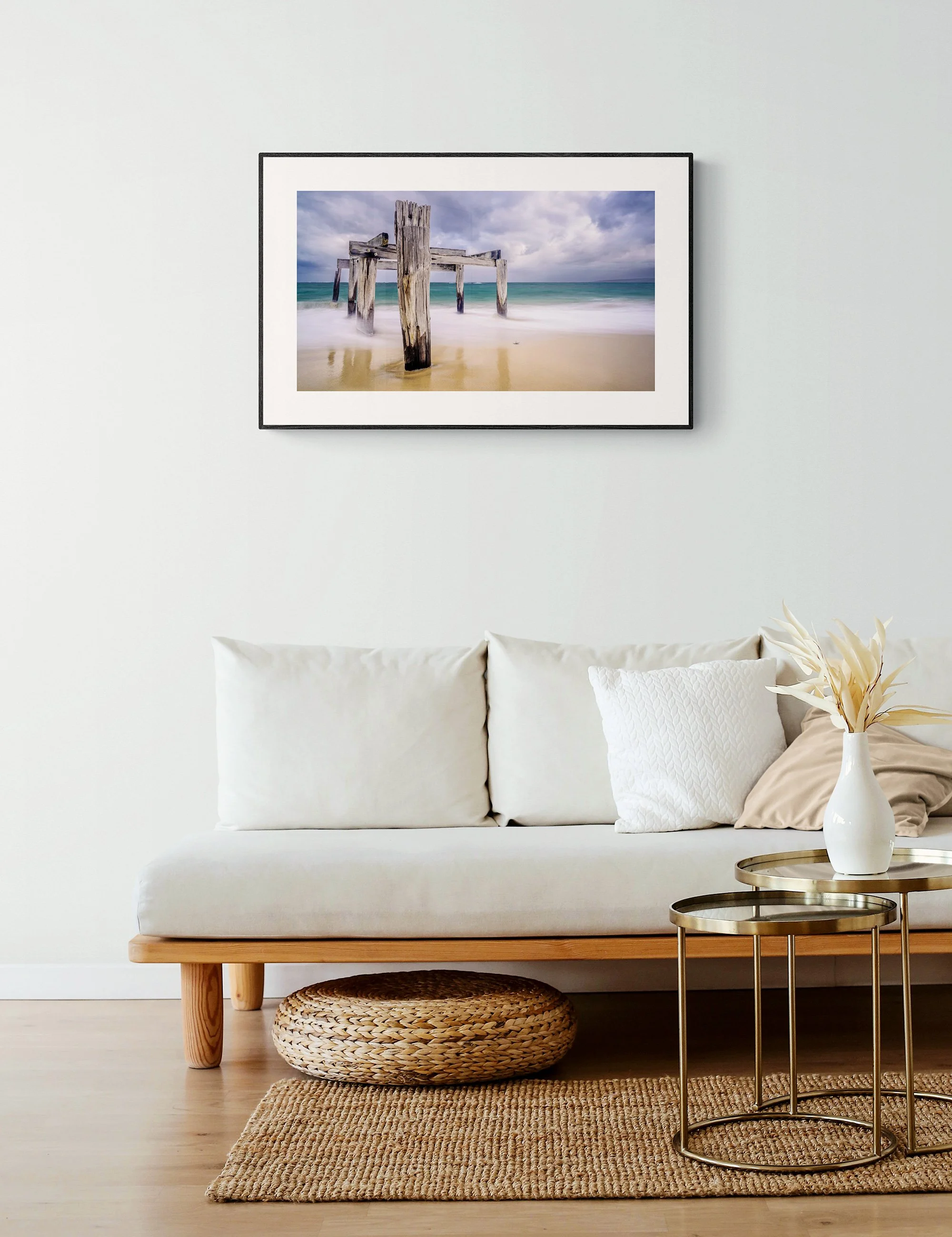 "Maritime Memories" from the Secluded Shorelines series by Ian J. Muirhead Arts, displayed as a framed minimalist seascape print in a natural contemporary interior.