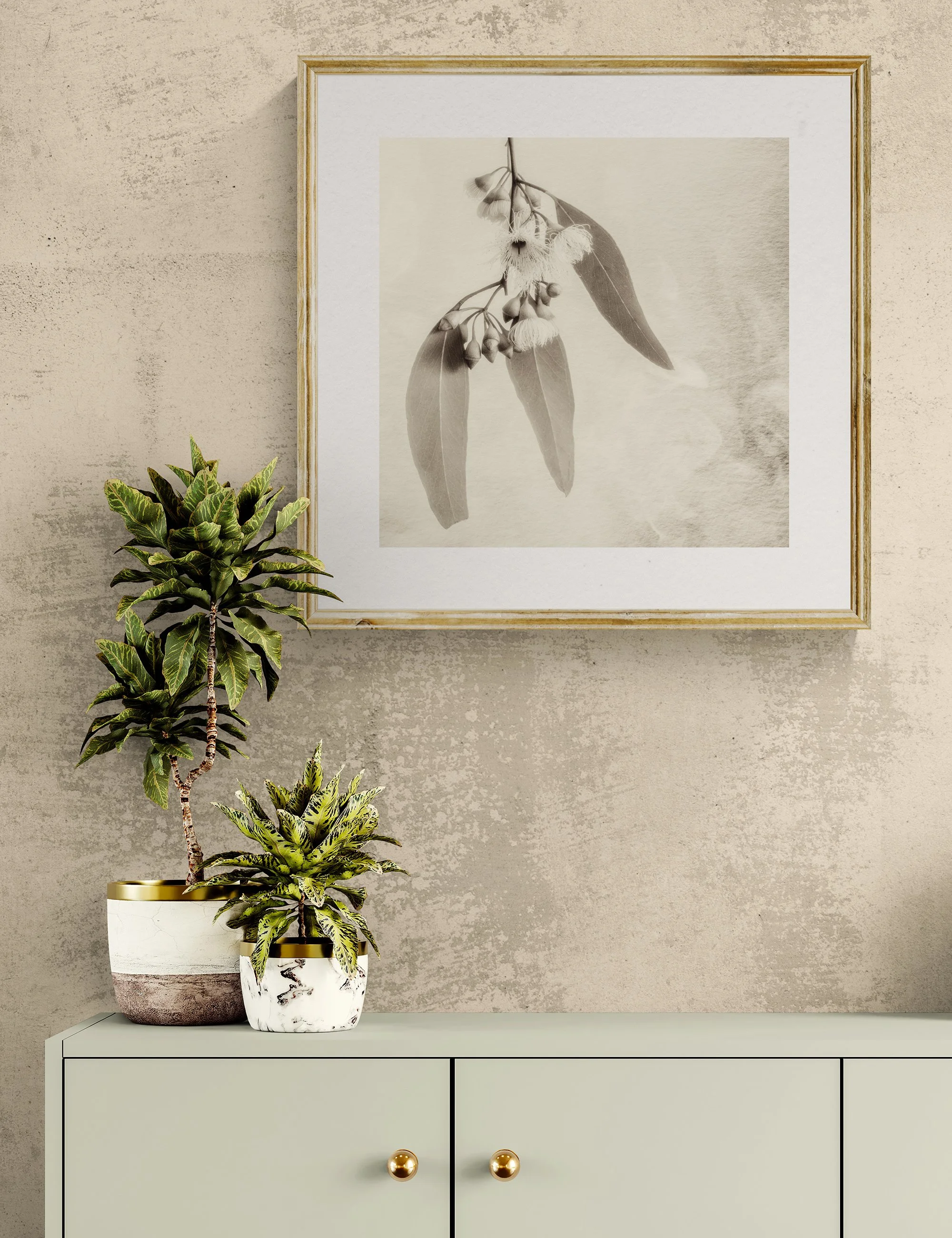 ”Nature's Bouquet" from the Gumnut Gestures series by Ian J. Muirhead Arts, displayed in a contemporary interior above a minimalist cabinet with botanical styling and a light timber frame.