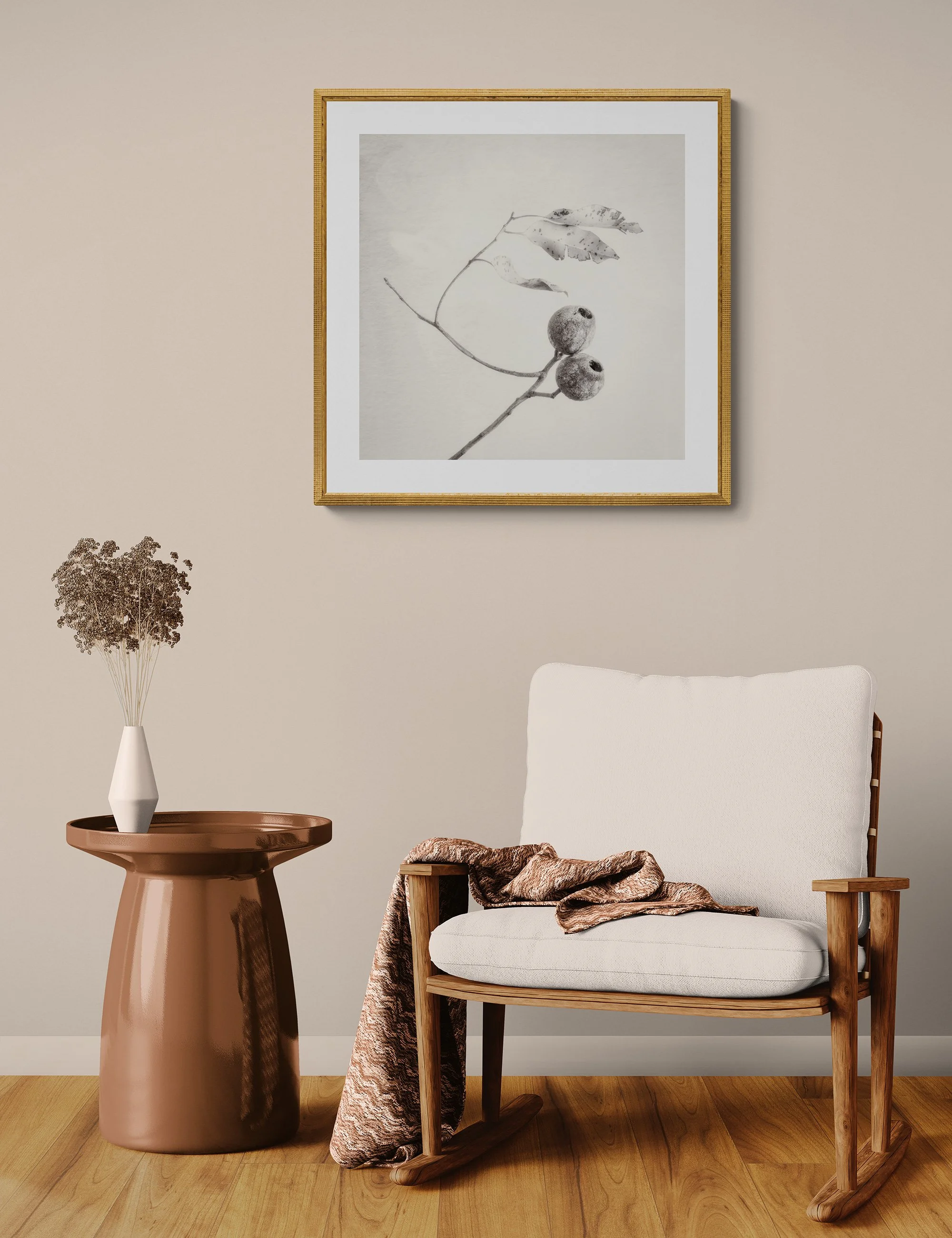 "Flags in a Breeze" by Ian J Muirhead displayed as a framed botanical fine art print in a warm neutral contemporary interior with timber chair and side table.