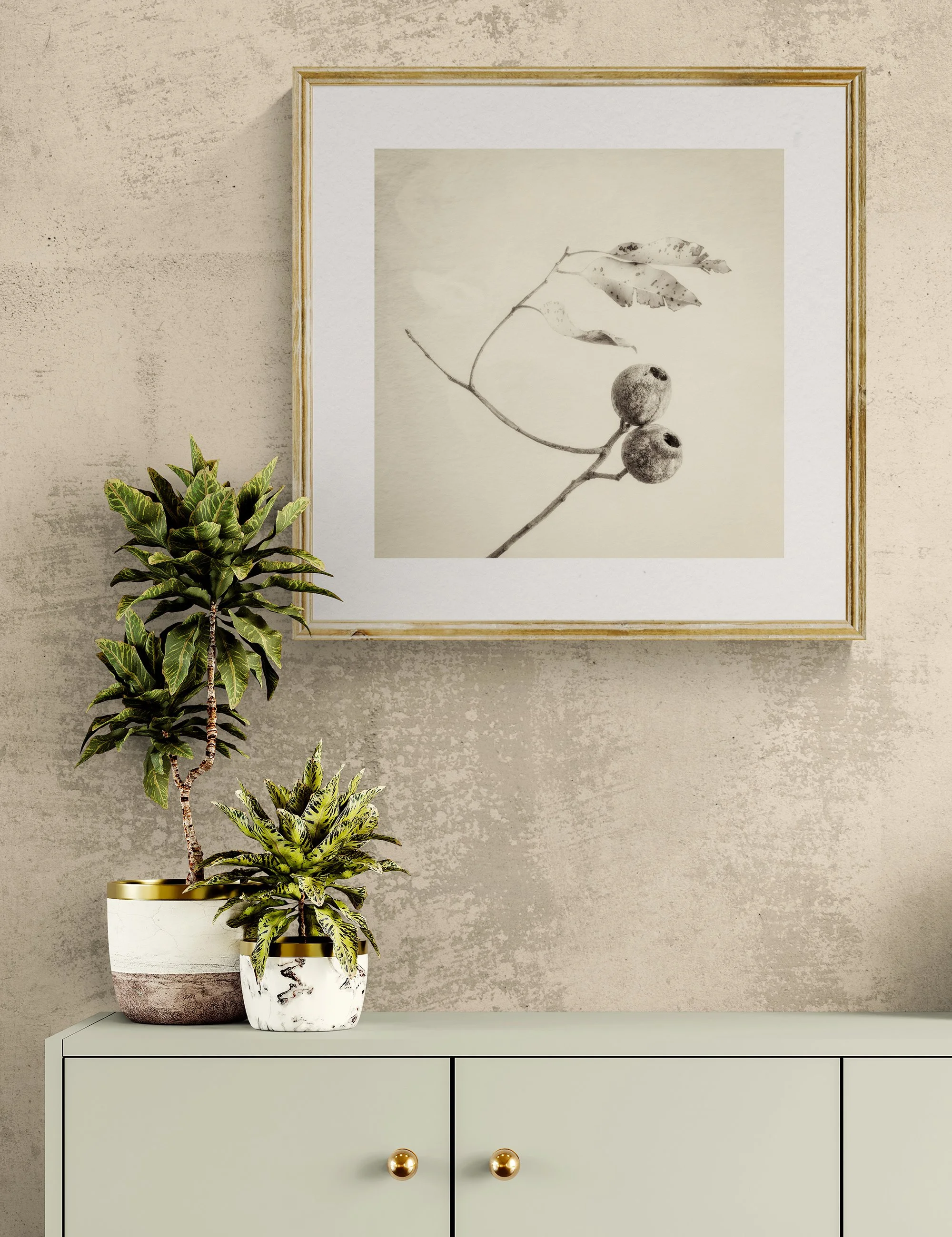 "Flags in a Breeze" from the Gumnut Gestures series by Ian J. Muirhead Arts, displayed in a contemporary interior above a minimalist cabinet with botanical styling and a light timber frame.