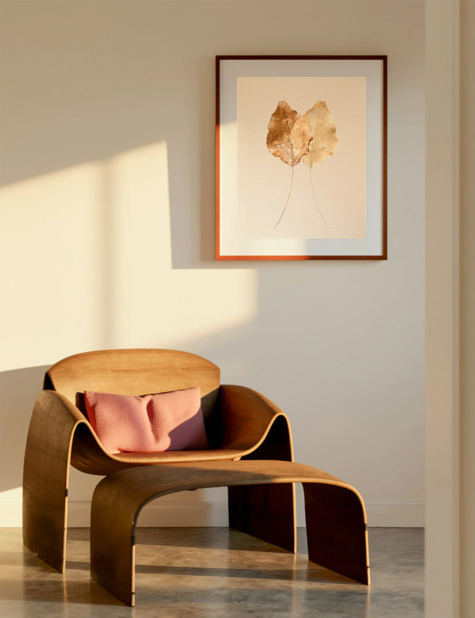 “Weathered” from the Silent Selves series displayed in a warm minimalist Japandi-inspired interior, featuring layered botanical forms in muted earthy tones above a sculptural timber lounge chair.