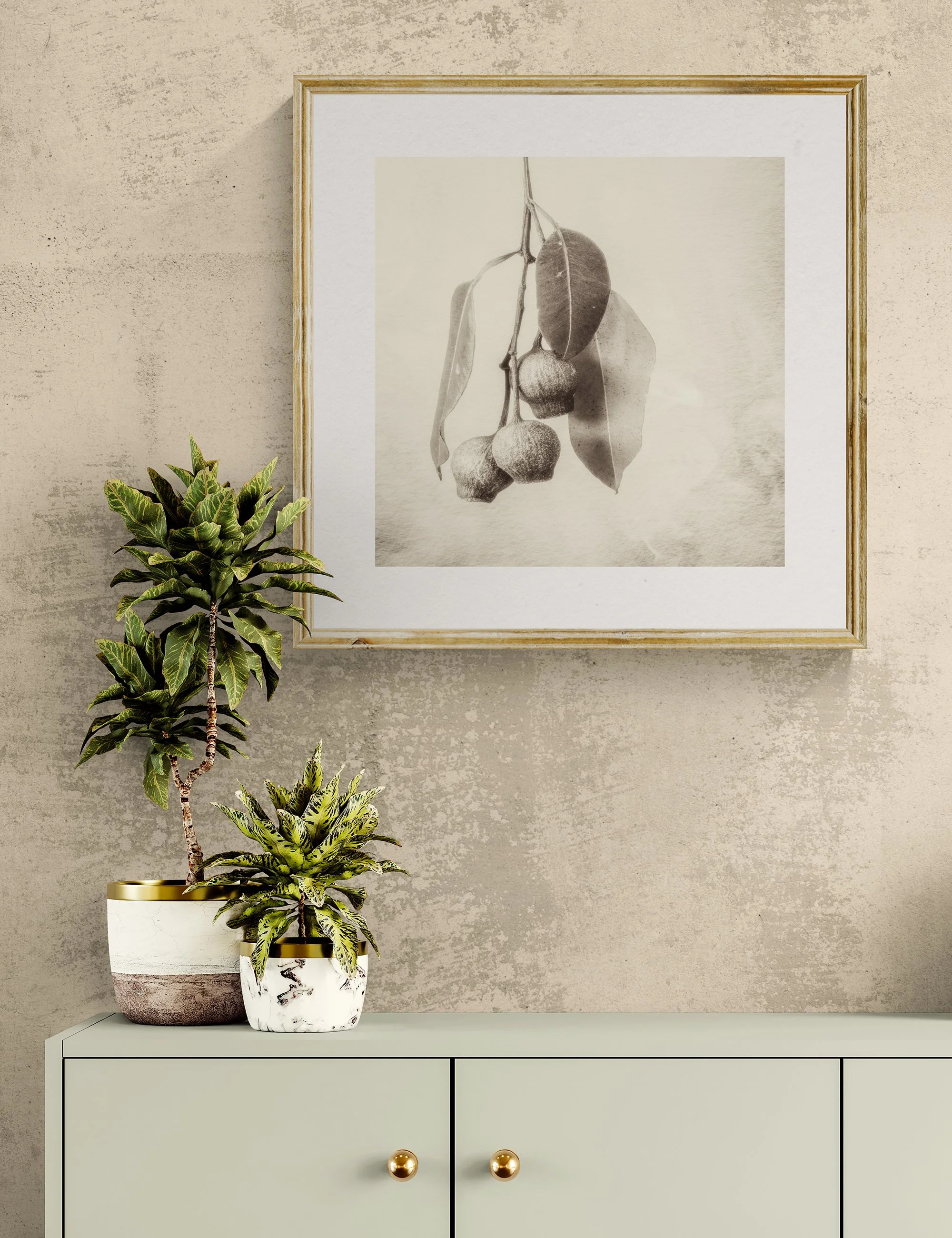 "Threefold Harmony" from the Gumnut Gestures series by Ian J. Muirhead Arts, displayed in a contemporary interior above a minimalist cabinet with botanical styling and a light timber frame.