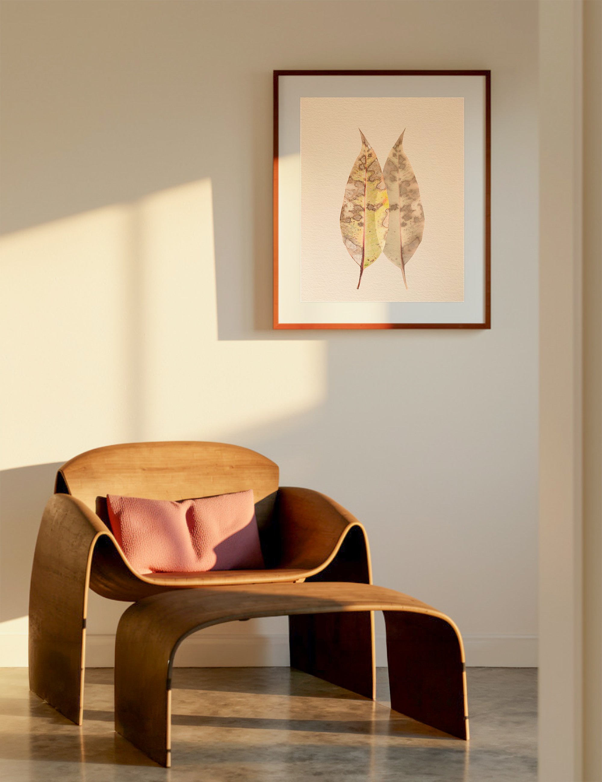“Lineage” from the Silent Selves series displayed in a warm minimalist Japandi-inspired interior, featuring layered botanical forms in muted earthy tones above a sculptural timber lounge chair.