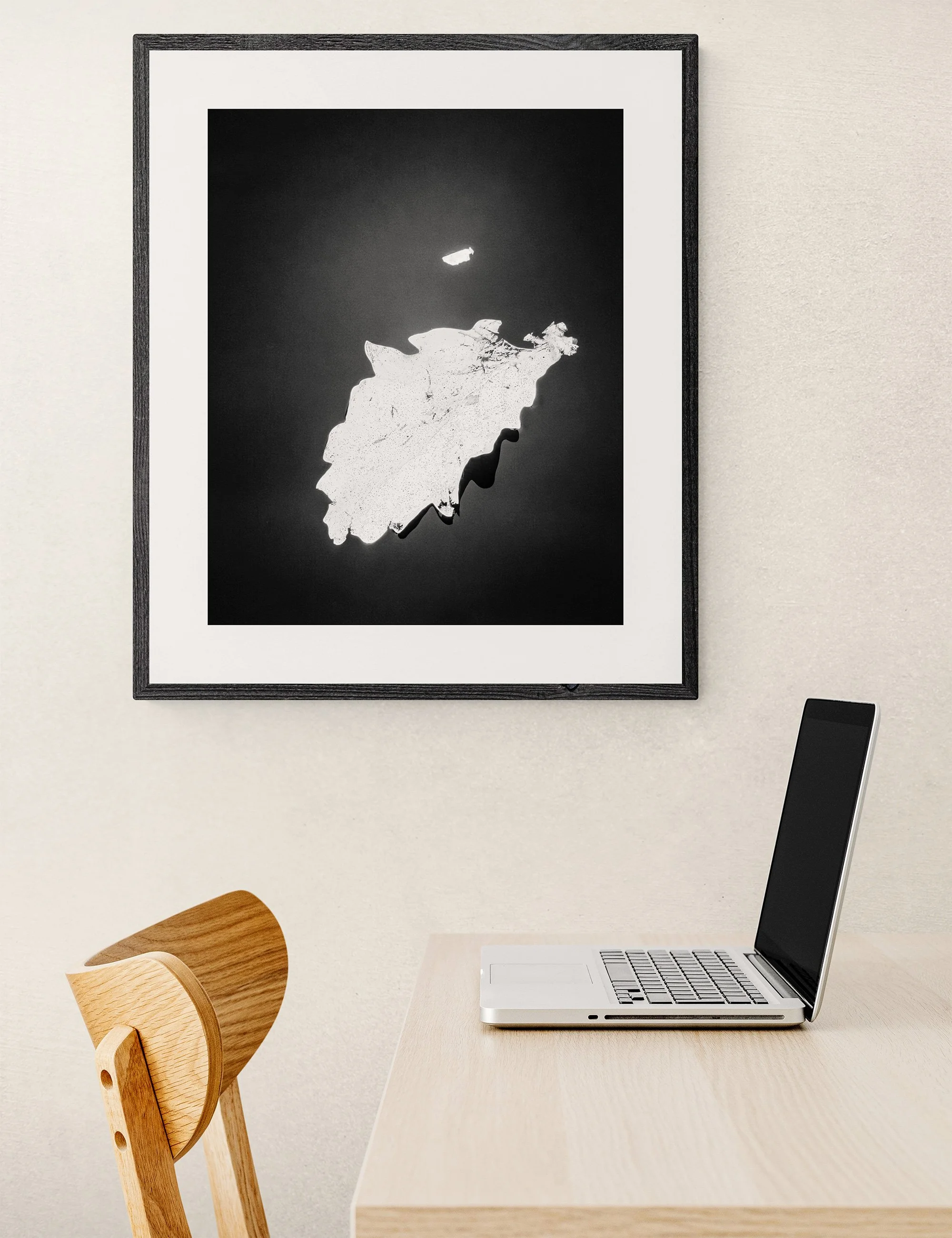 “Bond” from the Drifting Destinies collection by Ian J. Muirhead Arts, displayed in a contemporary home office with a timber desk, chair and black frame.
