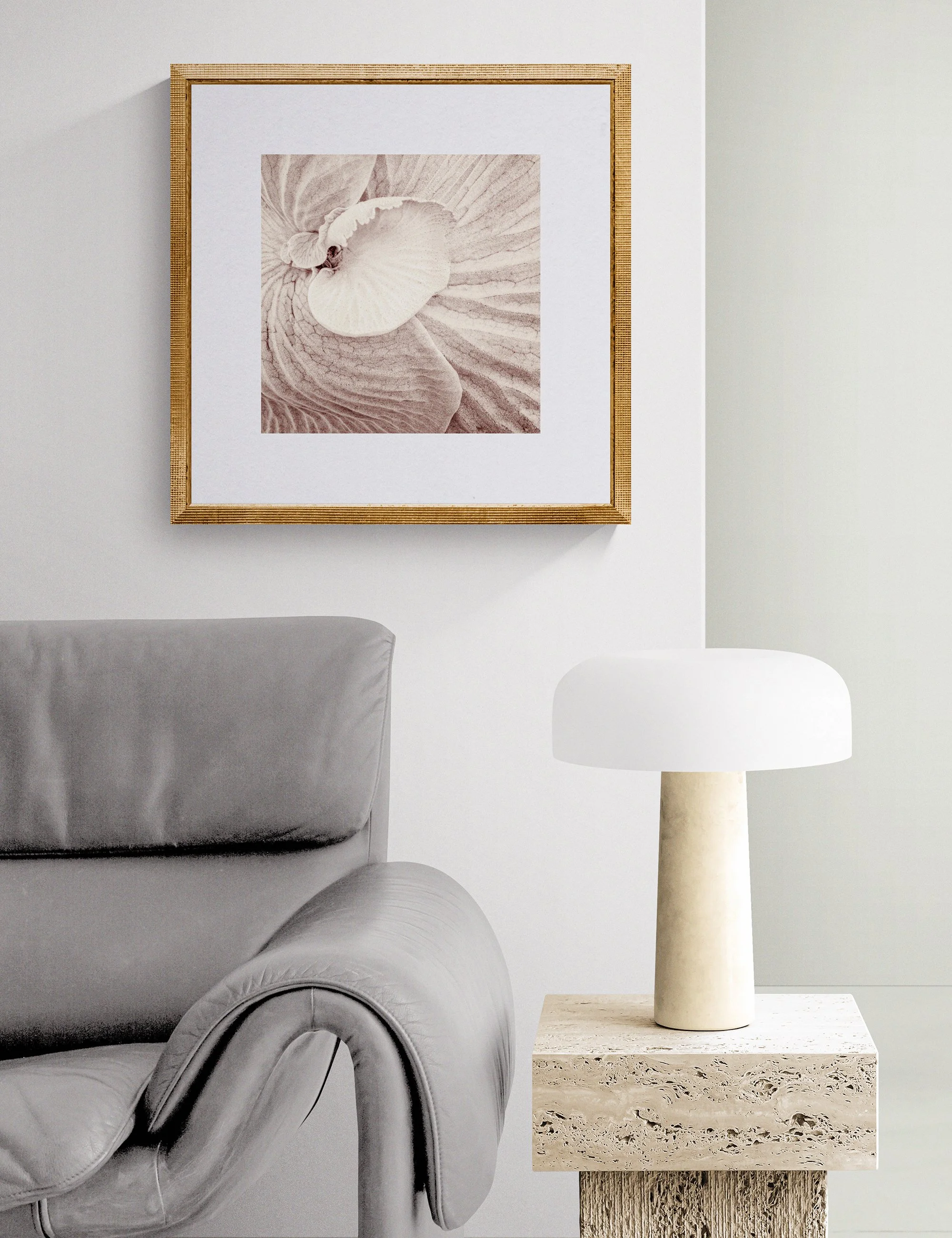 Fronded Forms limited edition botanical photograph by Ian J. Muirhead Arts, displayed in a contemporary reading corner with a sculptural lounge chair, stone side table and soft neutral tones.