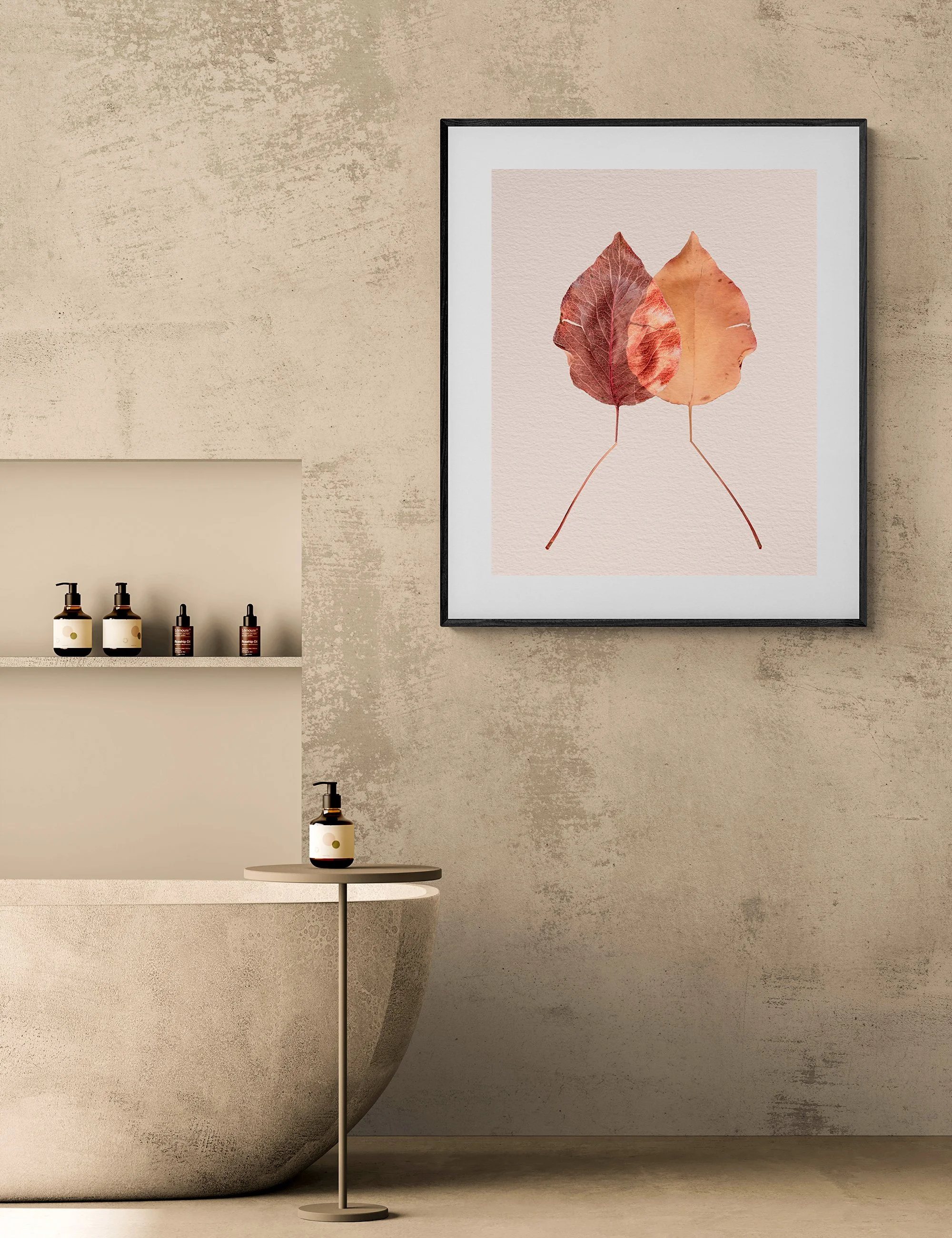 Bathroom setting with fine art print Divergence from Silent Selves series from Ian J Muirhead