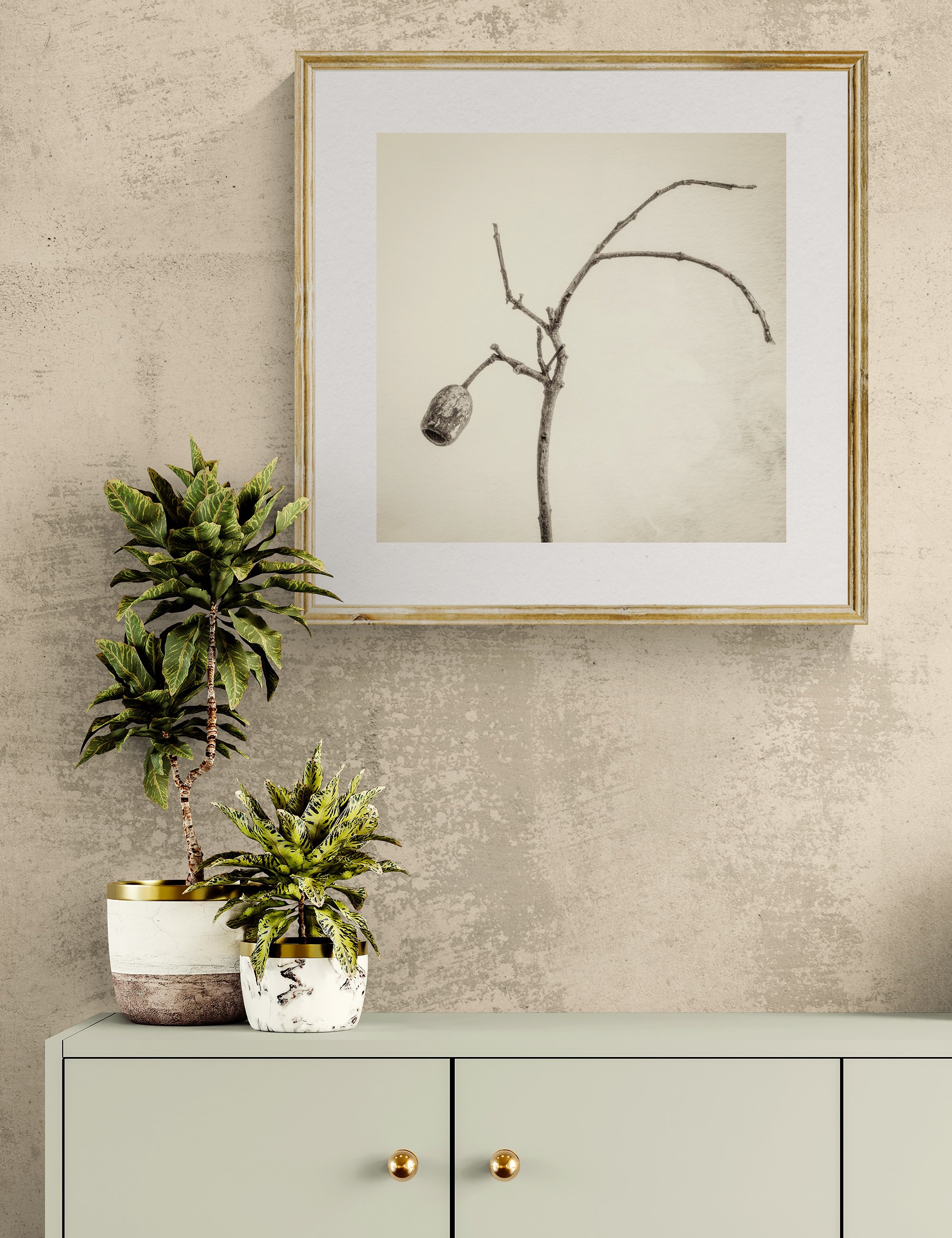"Solitude" from the Gumnut Gestures series by Ian J. Muirhead Arts, displayed in a contemporary interior above a minimalist cabinet with botanical styling and a light timber frame.