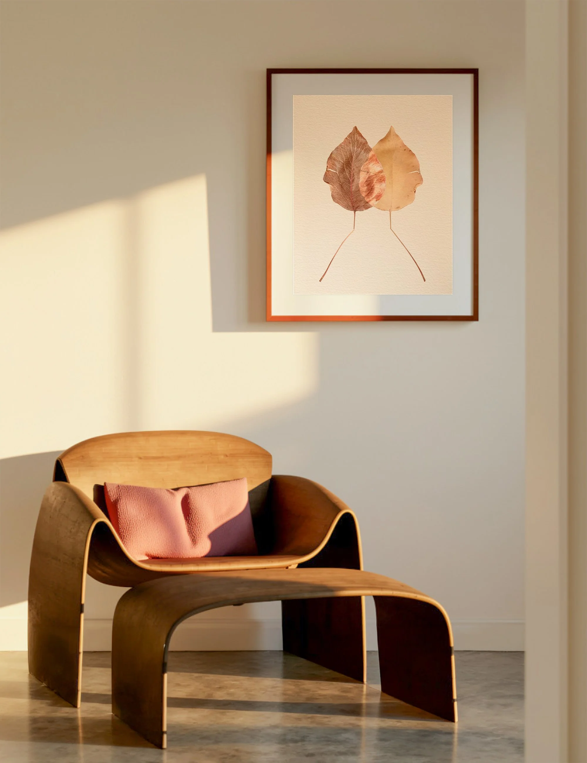 “Divergence” from the Silent Selves series displayed in a warm minimalist Japandi-inspired interior, featuring layered botanical forms in muted earthy tones above a sculptural timber lounge chair.