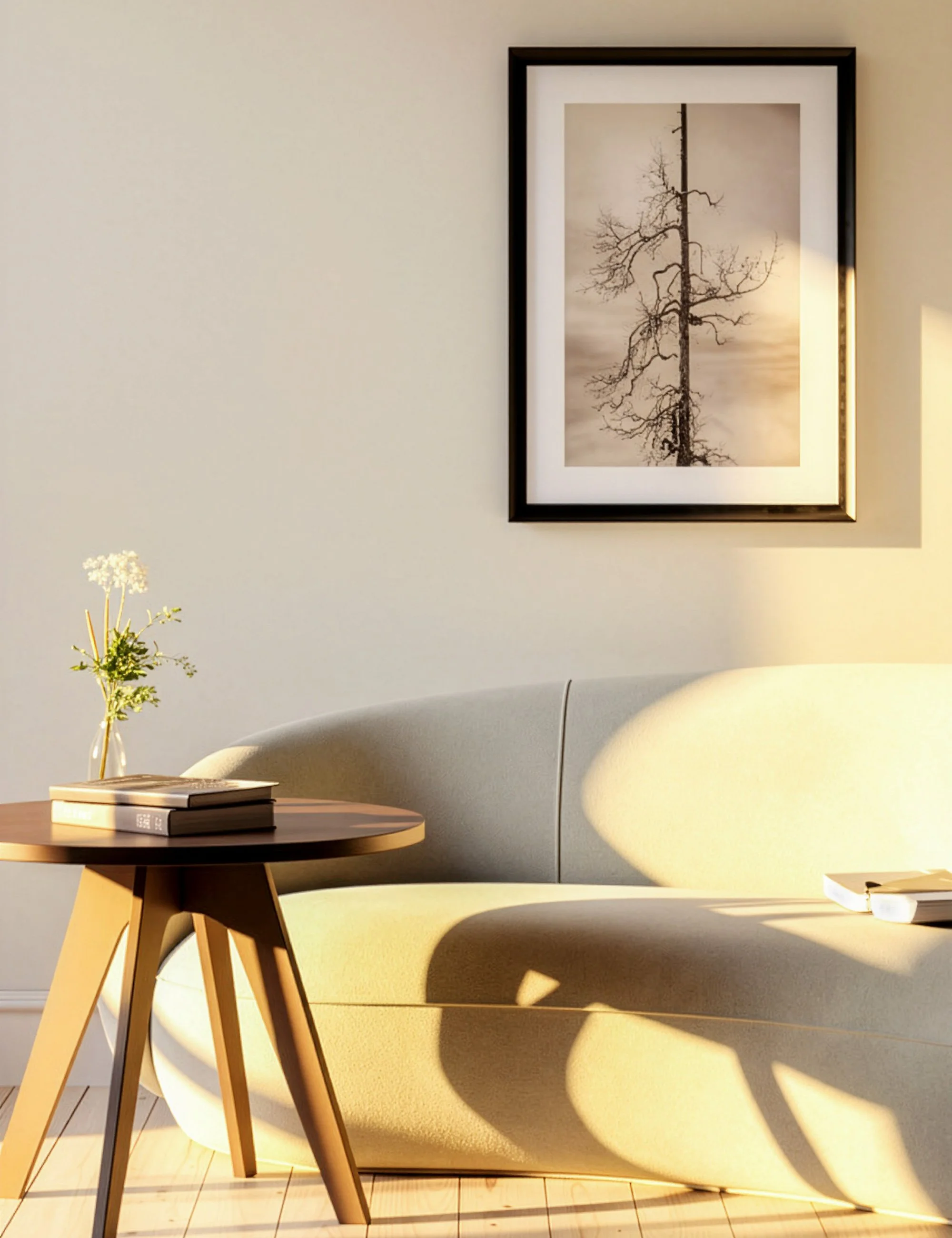 “Contorted Limbs” from the Twisted Timbers series by Ian J. Muirhead Arts, shown in a minimalist interior with a black frame, featuring an infrared black and white tree study.