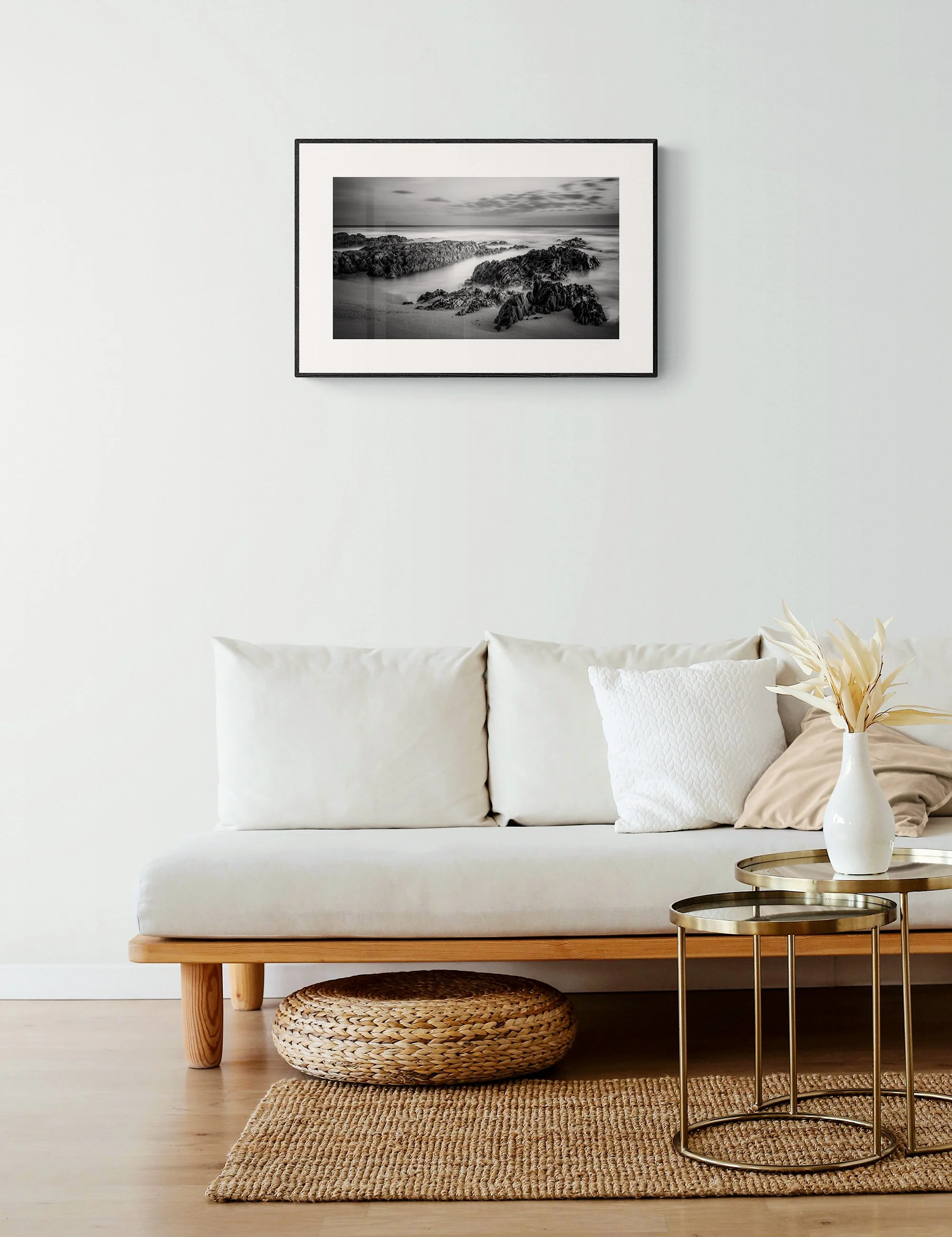 "Twilight Serenity" from the Secluded Shorelines series by Ian J. Muirhead Arts, displayed as a framed minimalist seascape print in a natural contemporary interior.