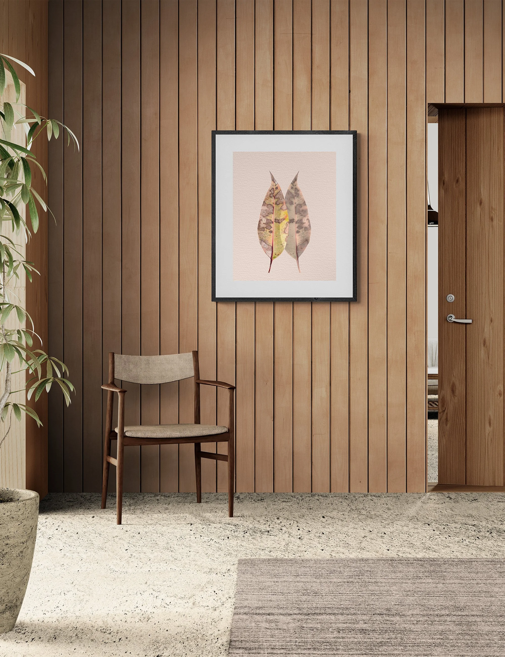 Earthy timber panelled room with Lineage fine art print from the Silent Selves collection by Ian J Muirhead