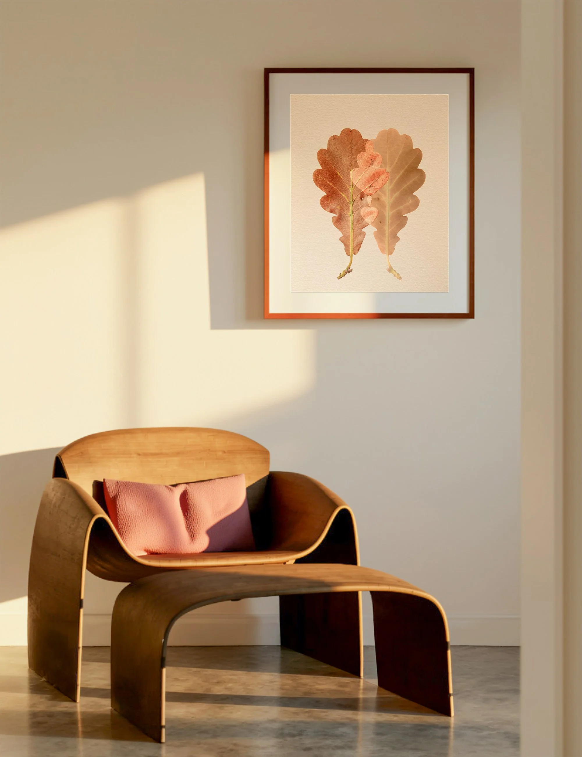 “Constitution” from the Silent Selves series displayed in a warm minimalist Japandi-inspired interior, featuring layered botanical forms in muted earthy tones above a sculptural timber lounge chair.