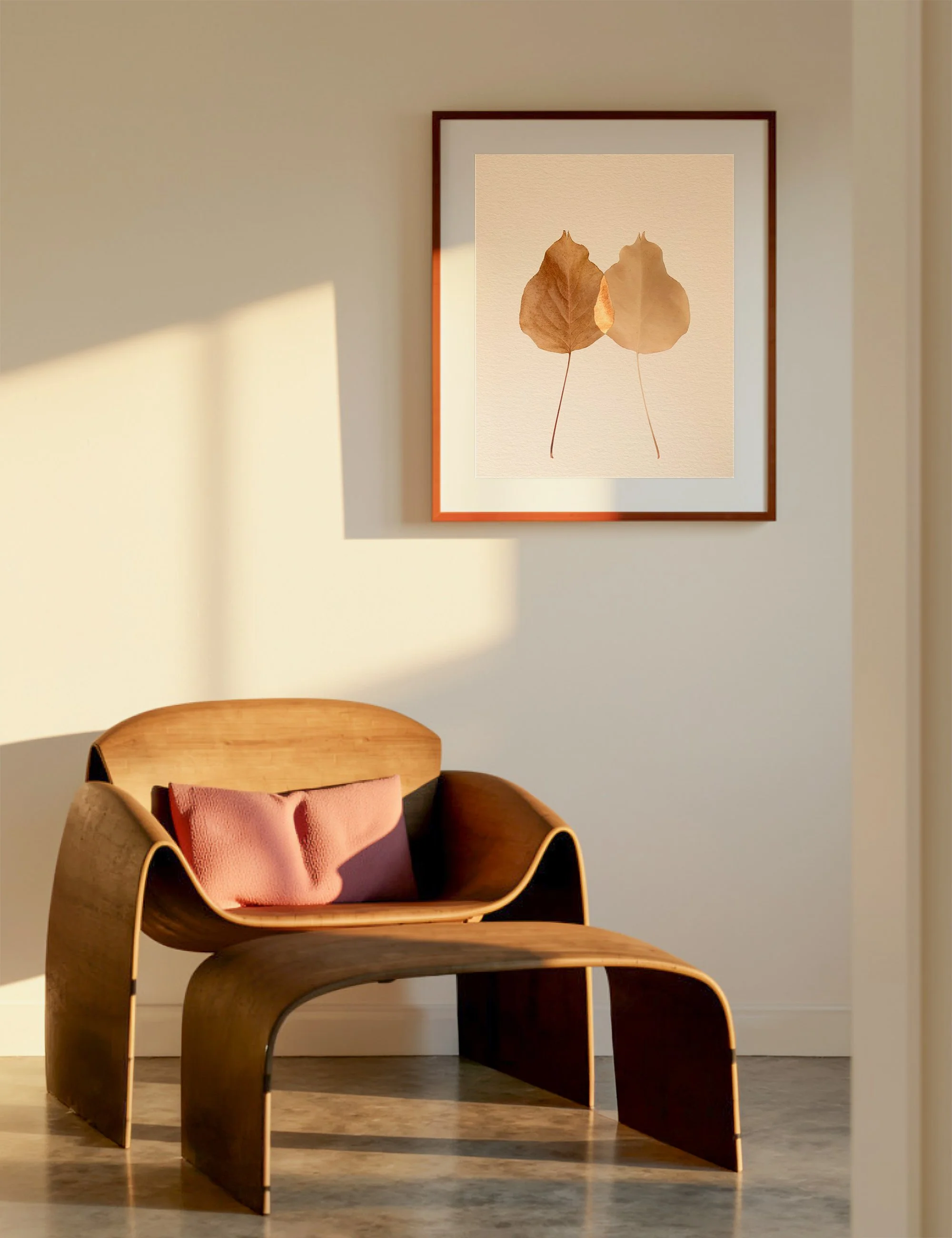 “Reserved” from the Silent Selves series displayed in a warm minimalist Japandi-inspired interior, featuring layered botanical forms in muted earthy tones above a sculptural timber lounge chair.