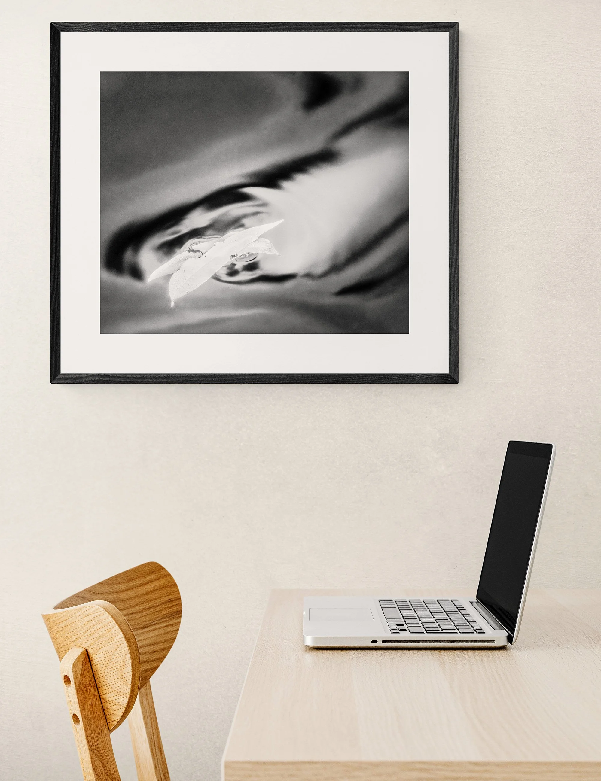 “Calling” from the Drifting Destinies collection by Ian J. Muirhead Arts, displayed in a contemporary home office with a timber desk, chair and black frame.