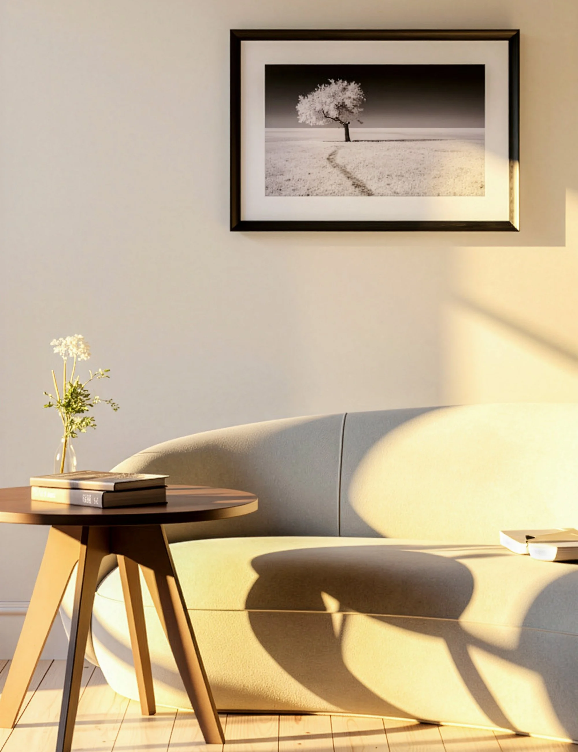“Singular Journey” from the Twisted Timbers series by Ian J. Muirhead Arts, shown in a minimalist interior with a black frame, featuring an infrared black and white tree landscape.
