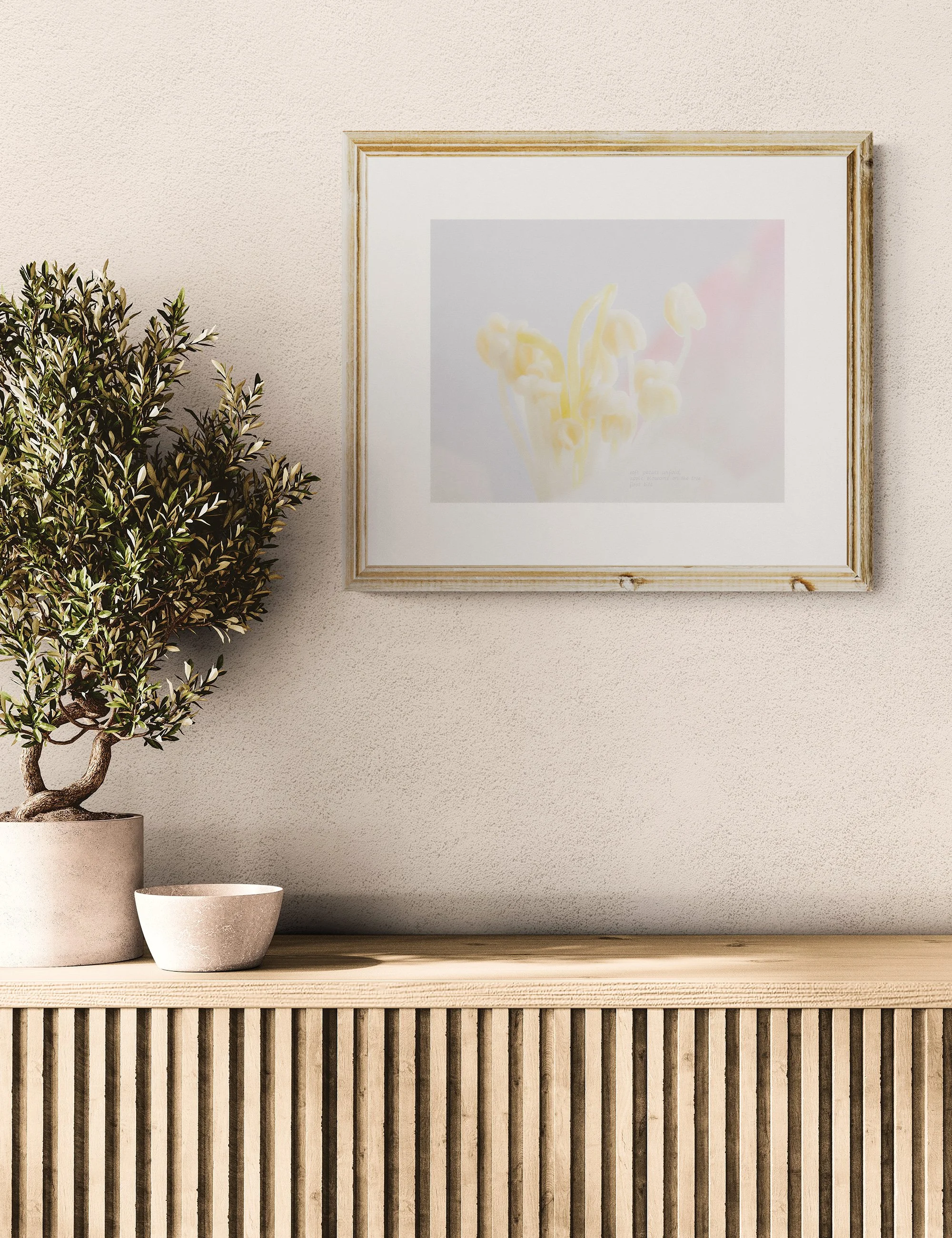“APPLE BLOSSOM” haiga print by Ian J. Muirhead Arts, featuring soft floral tones with embedded haiku and dreamy minimalist botanical photography.