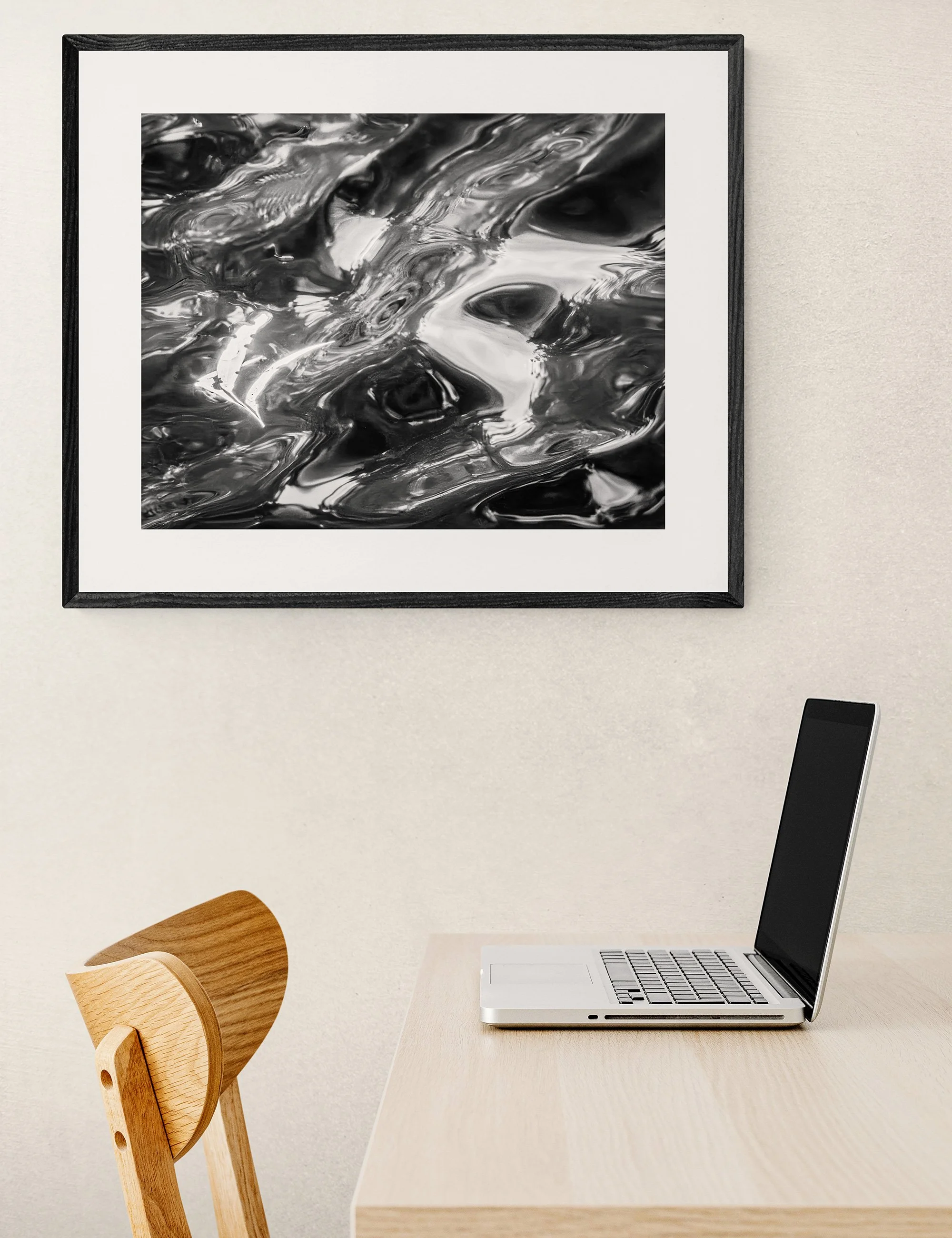 “Alter” from the Drifting Destinies collection by Ian J. Muirhead Arts, displayed in a contemporary home office with a timber desk, chair and black frame.