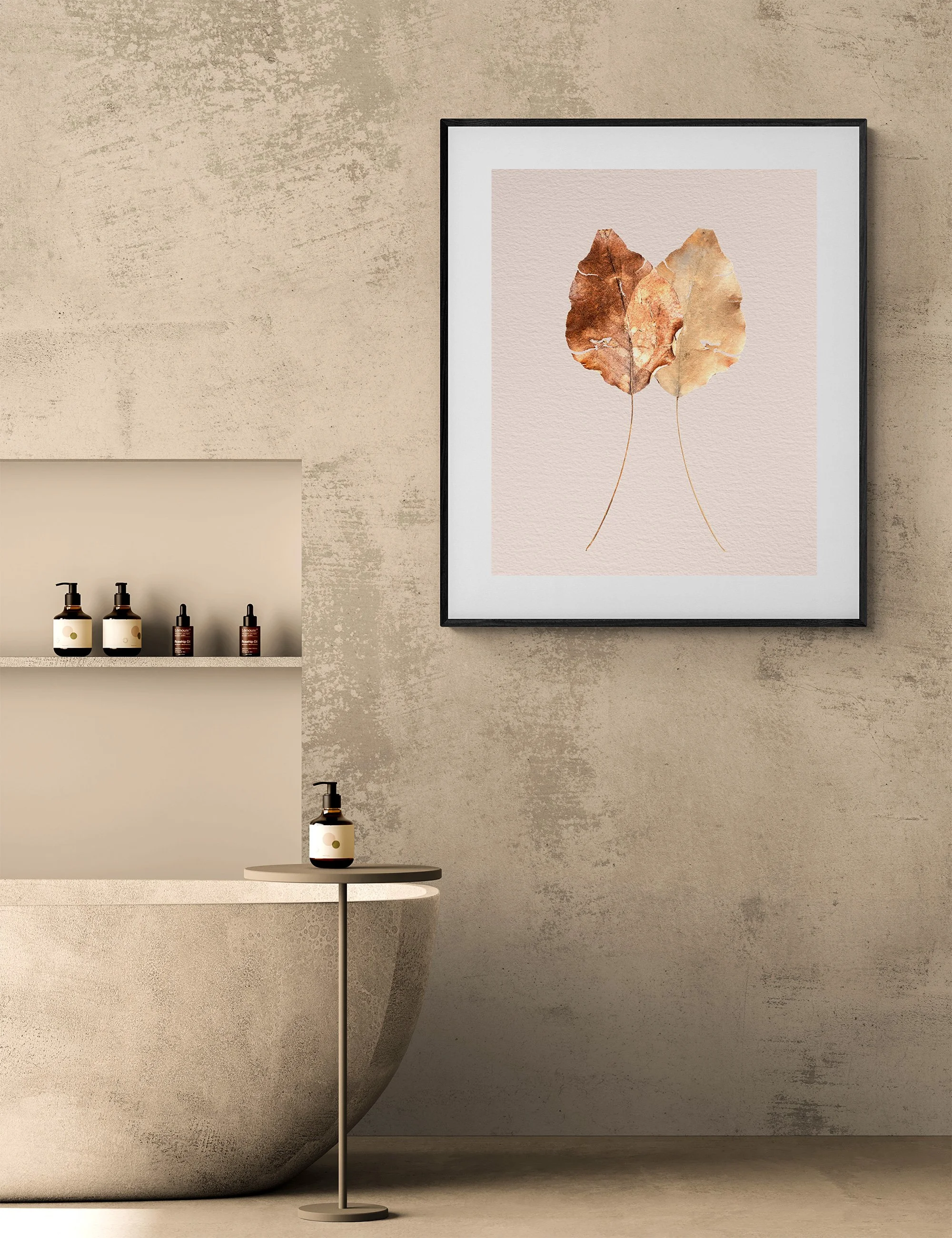 Fine art print titled Weathered from the Silent Selves collection by Ian J Muirhead in a bathroom setting