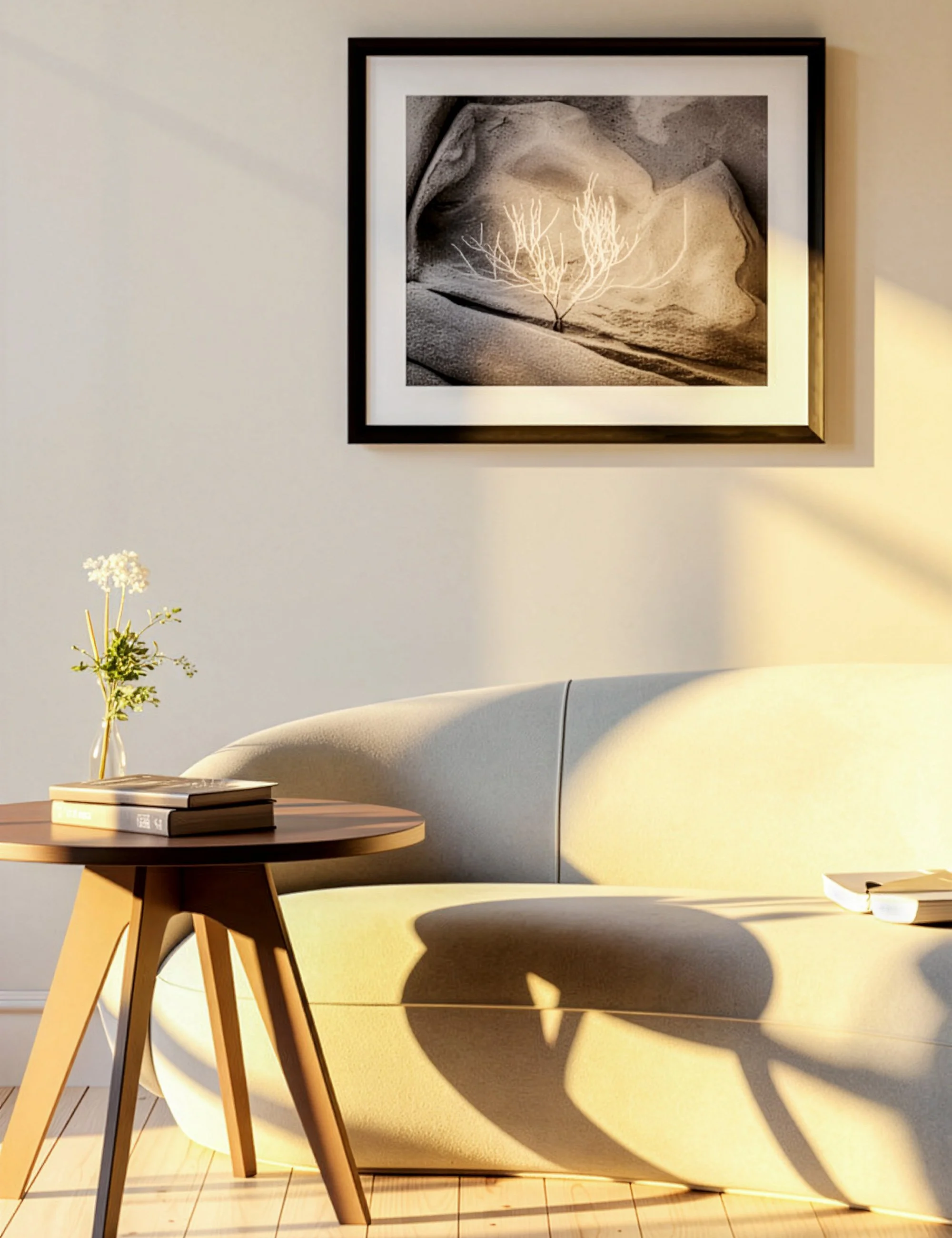 “Burning Bush” from the Twisted Timbers series by Ian J. Muirhead Arts, shown in a minimalist interior with a black frame, featuring an infrared tree landscape.