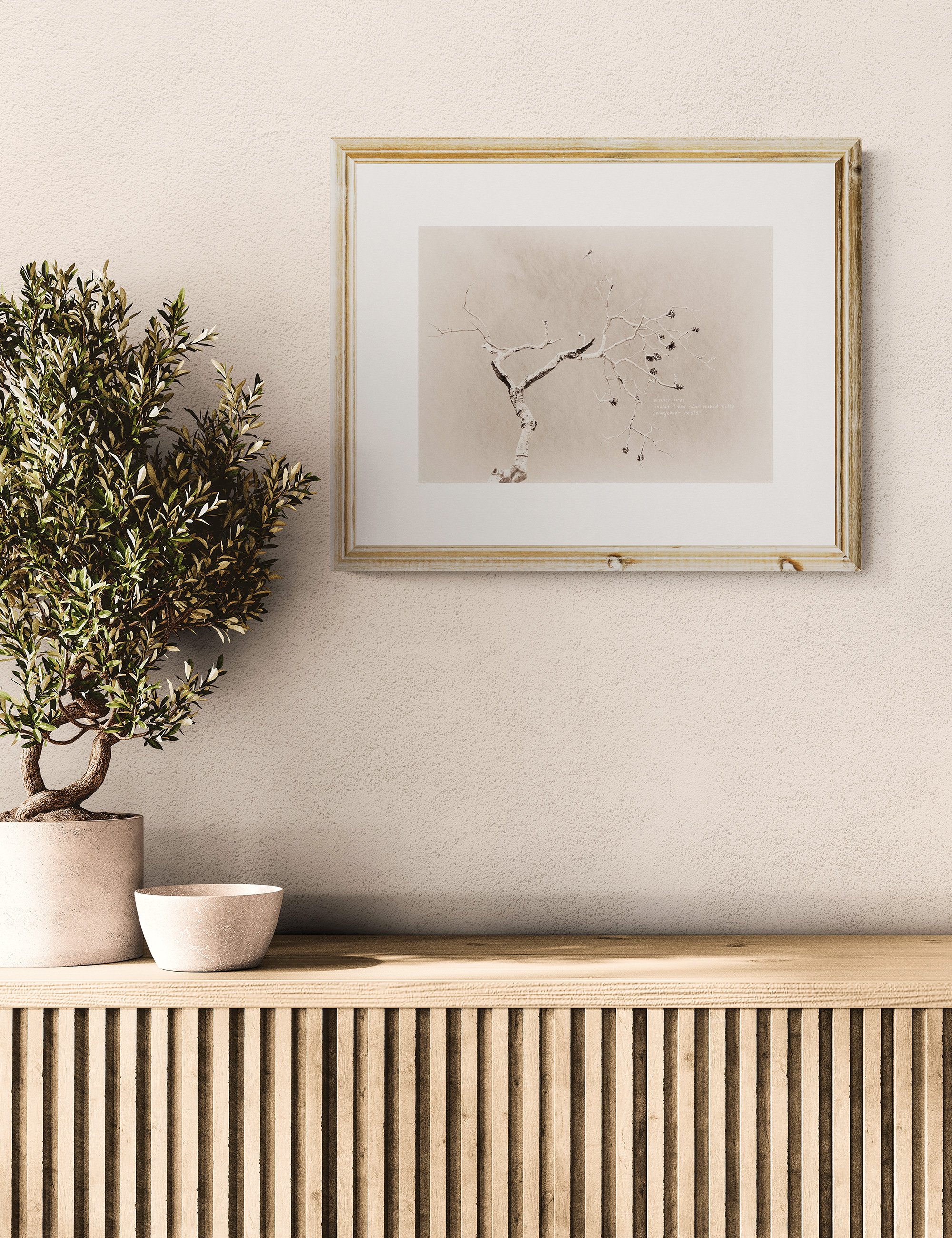 “HONEYEATER RESTS” haiga print by Ian J. Muirhead Arts, featuring a delicate branch with resting birds in soft minimalist tones and embedded haiku.