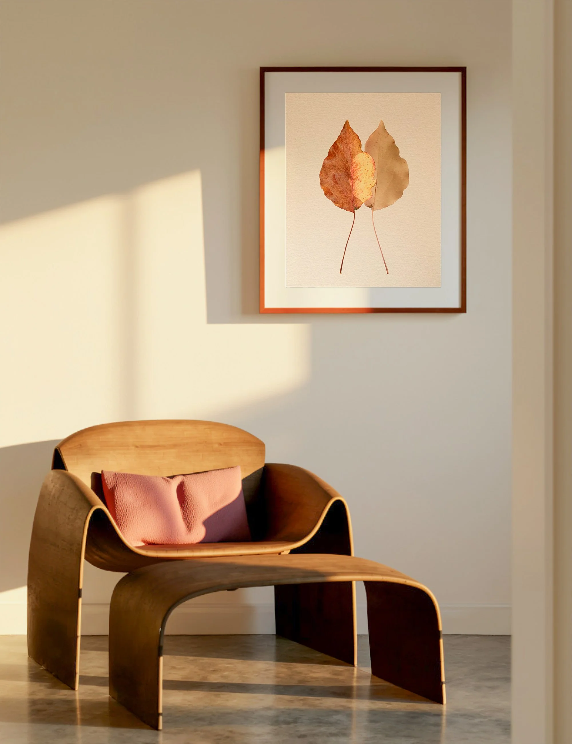 “Composed” from the Silent Selves series displayed in a warm minimalist Japandi-inspired interior, featuring layered botanical forms in muted earthy tones above a sculptural timber lounge chair.