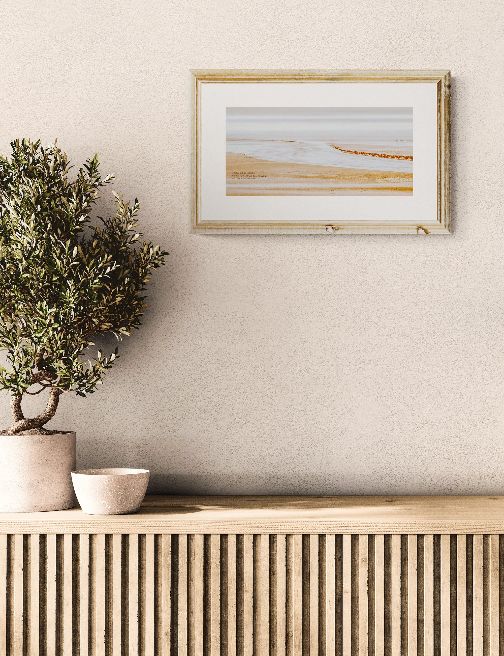 “RETURNING HOME” panoramic haiga print by Ian J. Muirhead Arts, featuring a soft minimalist shoreline with embedded haiku and muted coastal tones.