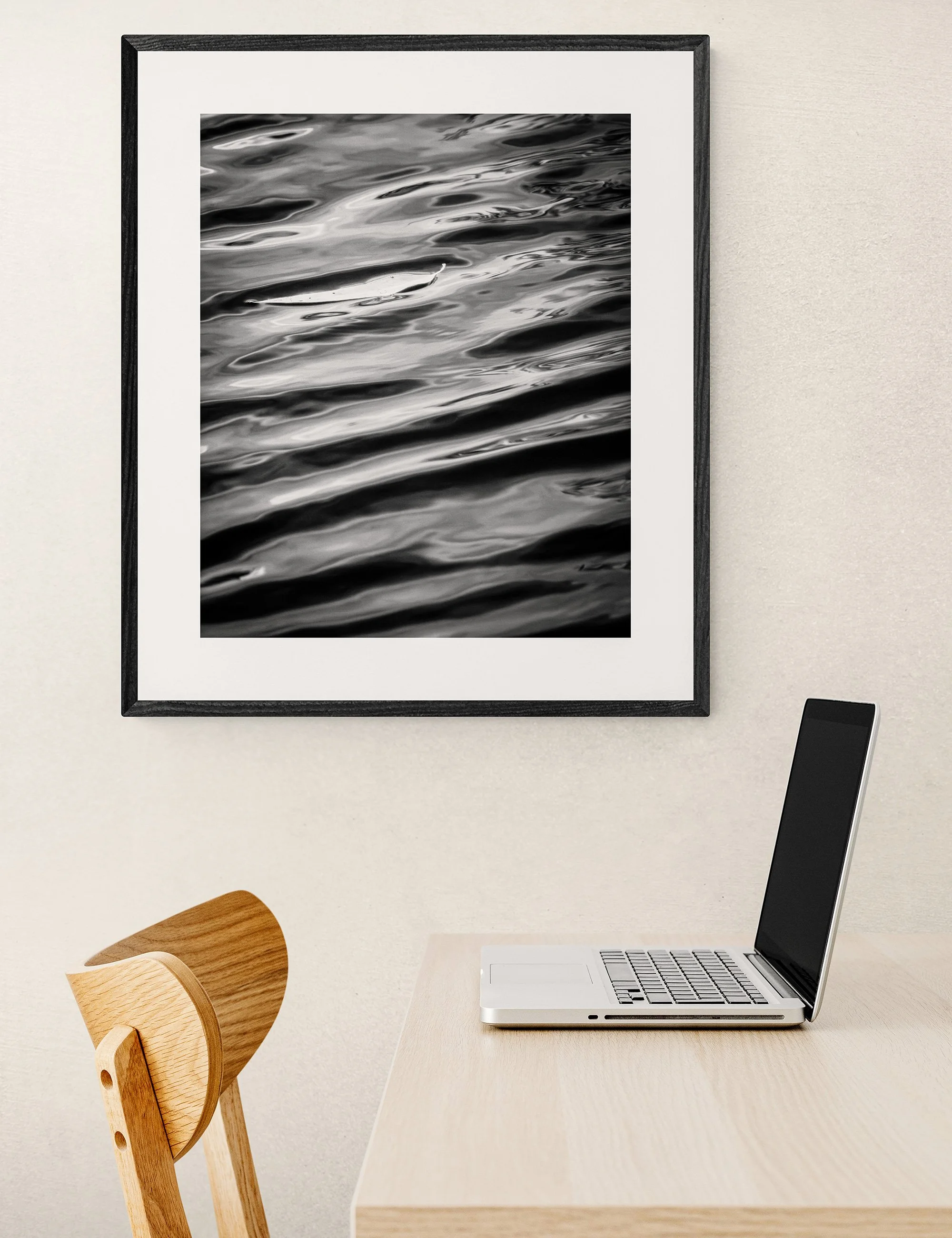 “Yield” from the Drifting Destinies collection by Ian J. Muirhead Arts, displayed in a contemporary home office with a timber desk, chair and black frame.