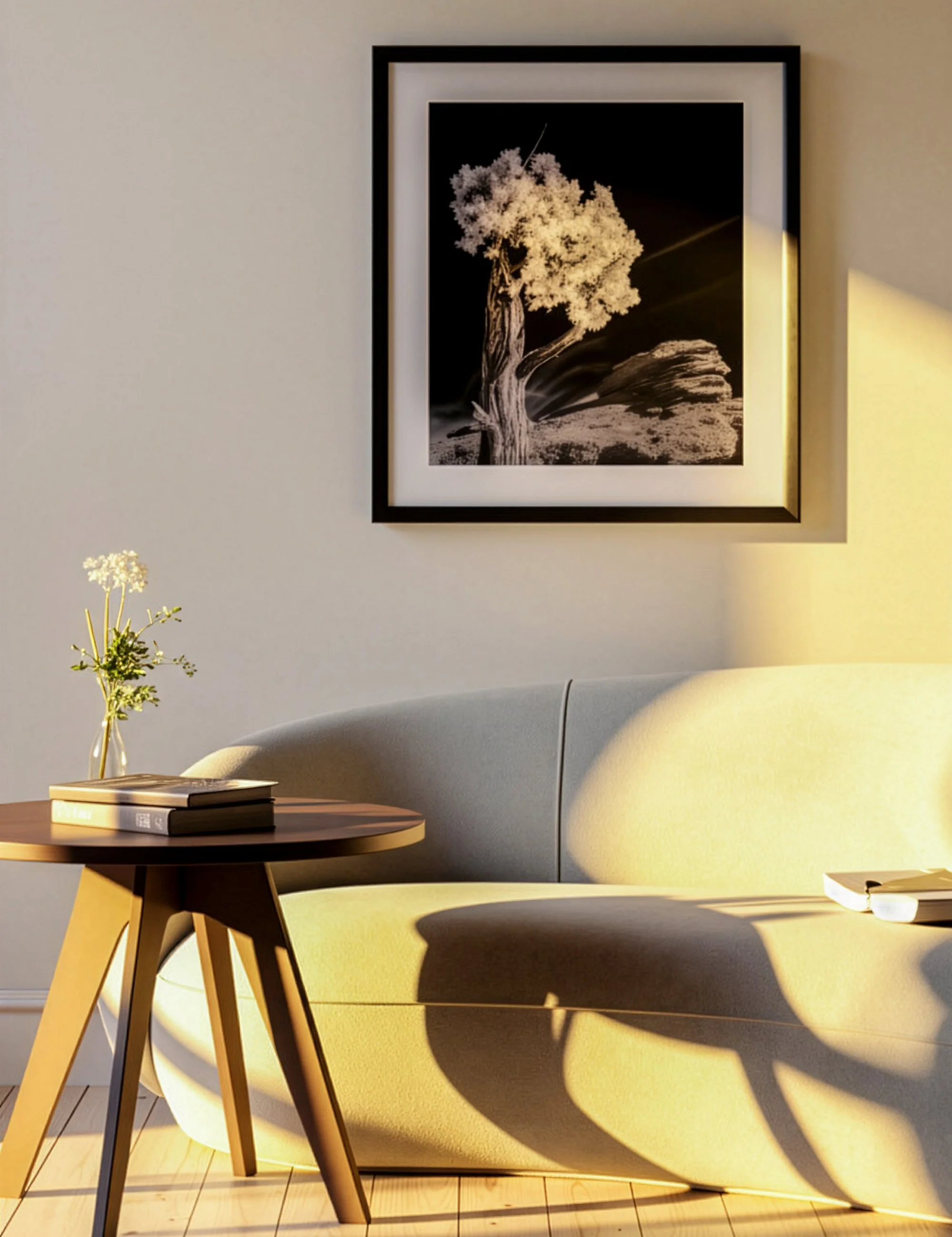 “Radiating” from the Twisted Timbers series by Ian J. Muirhead Arts, shown in a minimalist interior with a black frame, featuring an infrared tree landscape beneath a darkened sky.