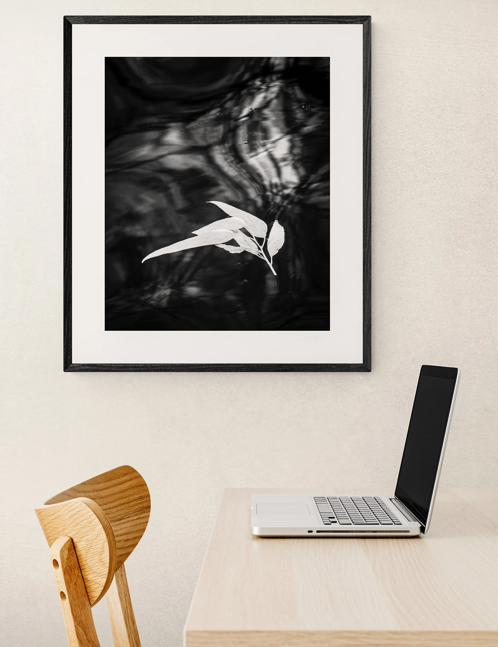 “Kinship” from the Drifting Destinies collection by Ian J. Muirhead Arts, displayed in a contemporary home office with a timber desk, chair and black frame.
