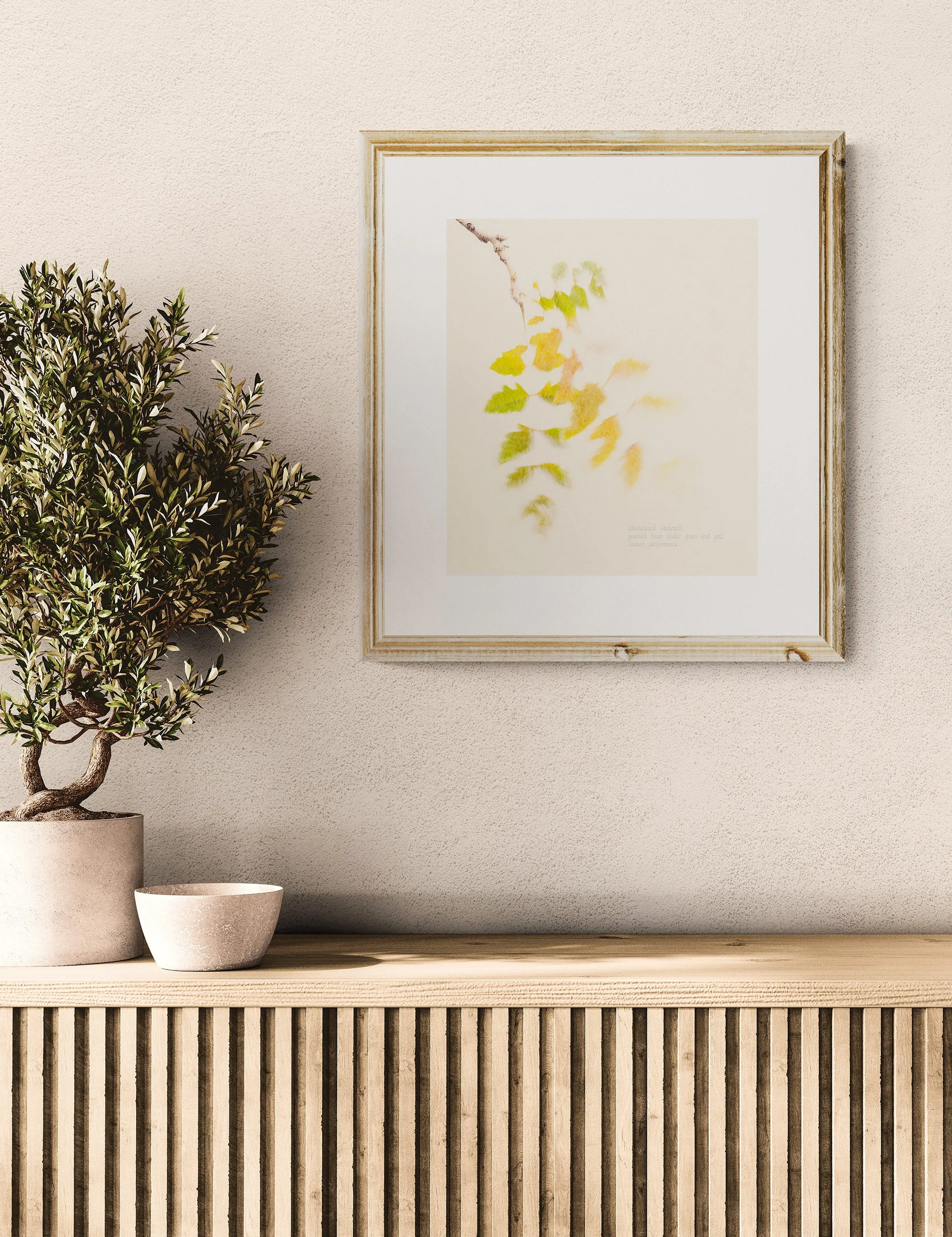 “UNSEEN PERFORMANCE” haiga print by Ian J. Muirhead Arts, featuring softly blurred autumn leaves with embedded haiku text in a minimalist timber-framed interior.