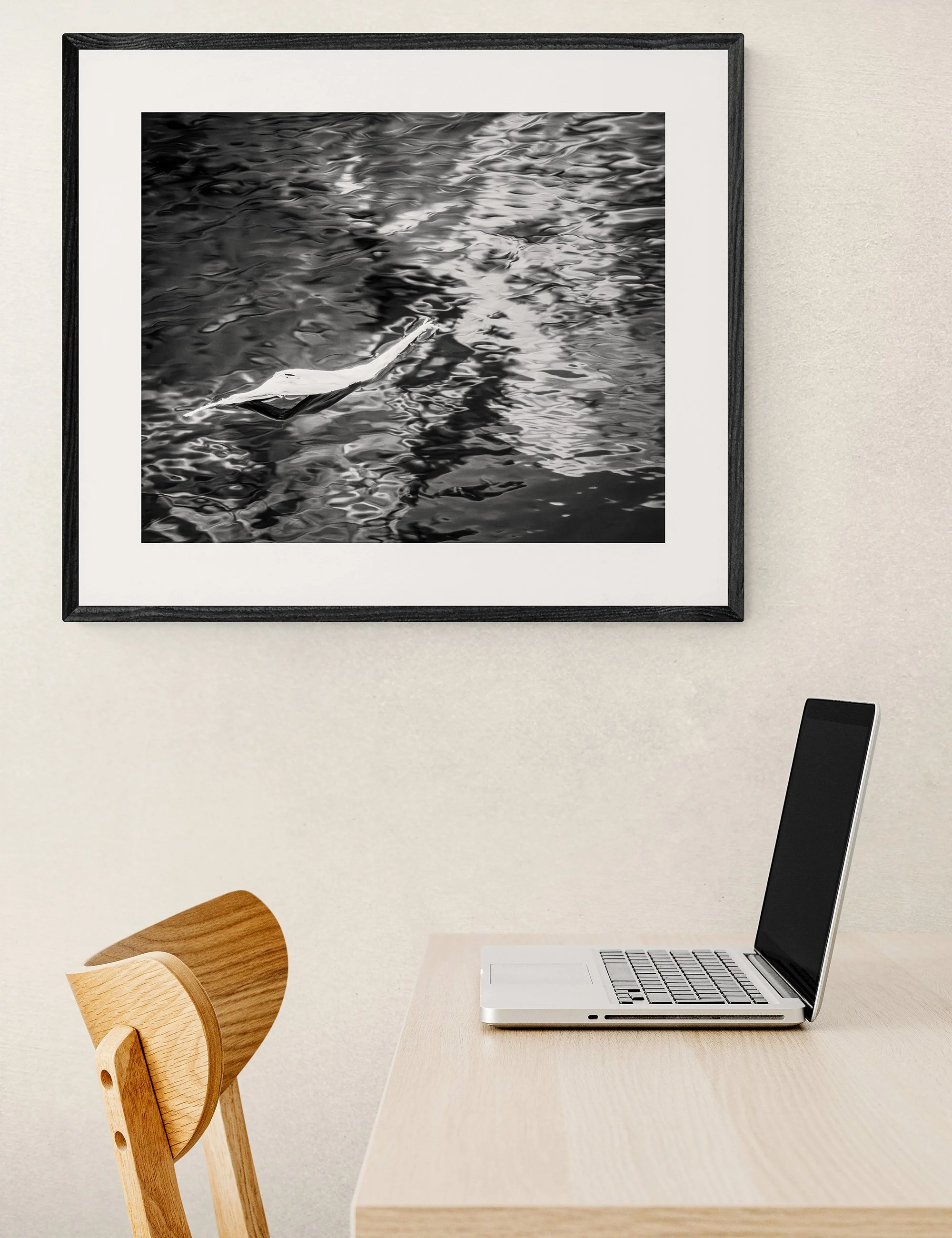 “Unbound” from the Drifting Destinies collection by Ian J. Muirhead Arts, displayed in a contemporary home office with a timber desk, chair and black frame.