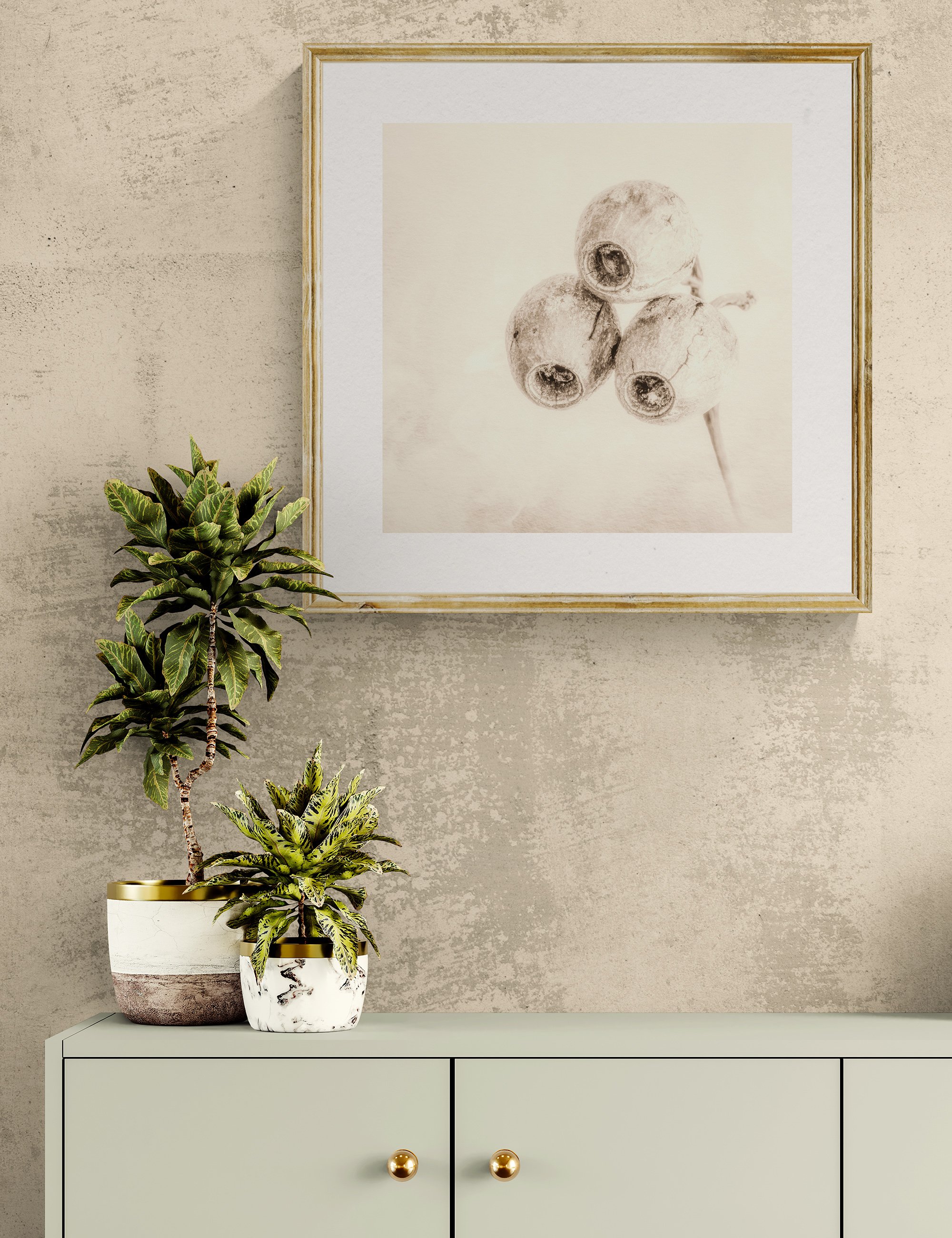 "Eyes of Vigilance" from the Gumnut Gestures series by Ian J. Muirhead Arts, displayed in a contemporary interior above a minimalist cabinet with botanical styling and a light timber frame.