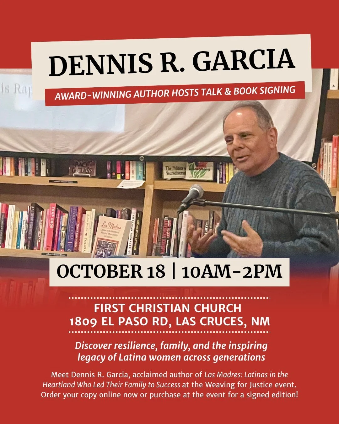 Next Saturday, I&rsquo;ll be in Las Cruces, New Mexico with Weaving for Justice &mdash; an organization whose work connects art, culture, and community across borders.

I&rsquo;ll be reading from and signing copies of Las Madres: Latinas in the Heart