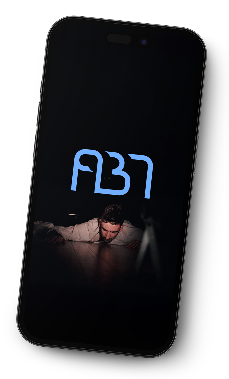 A smartphone displaying a man lying face down on the floor with his arms extended outward, in front of a dark background with blue digital-style numbers and symbols.