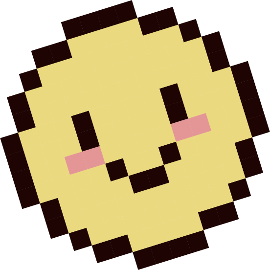 Pixelated cartoon face of a cookie with a smiling expression, pink cheeks, and black background.